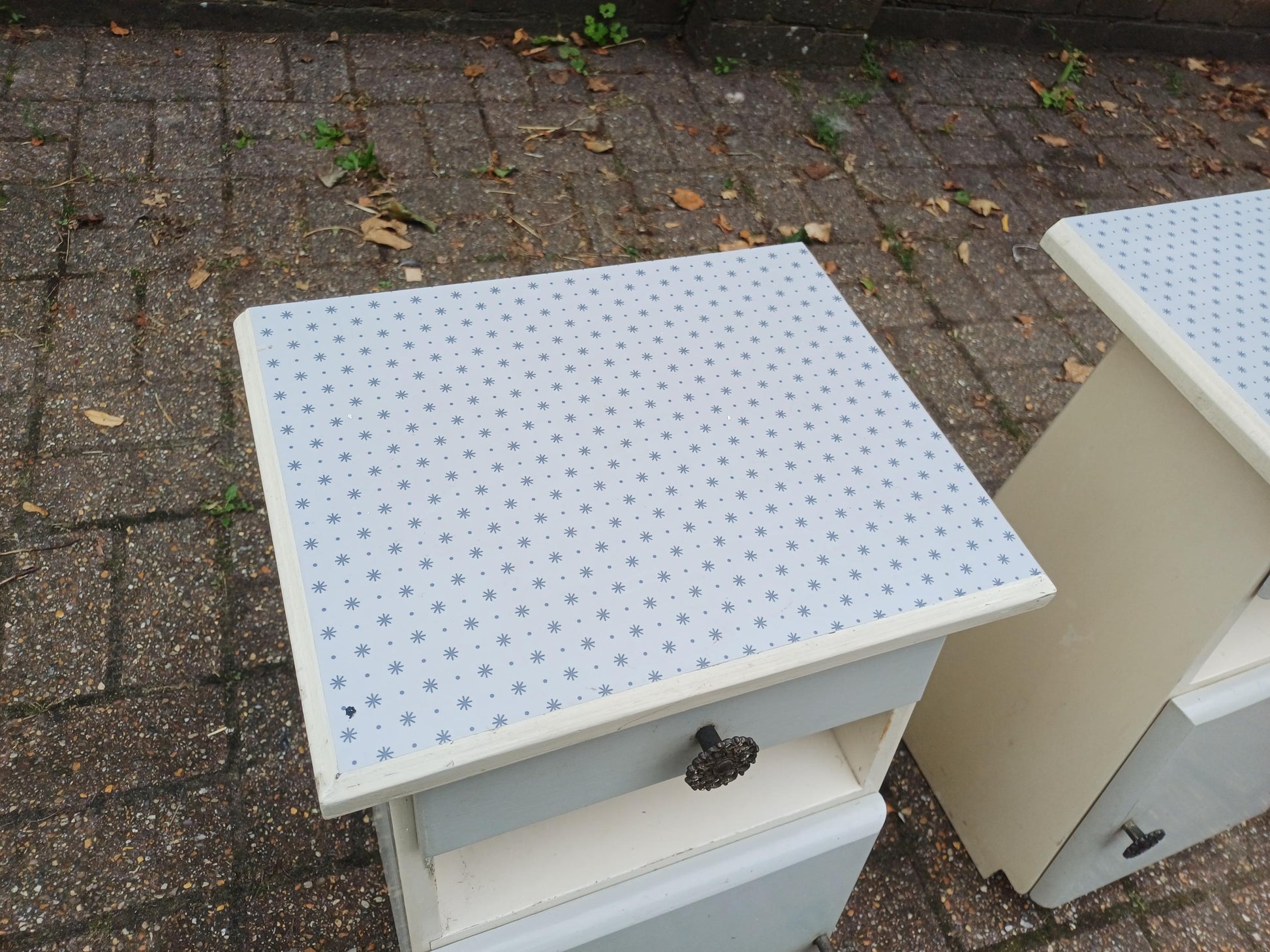 Dalek Lookalike! Cute Pair of 1950s Retro Bedside Cupboards Star Pattern Tops Slanted Front Storage Vintage Cabinets Upcycled Nightstands