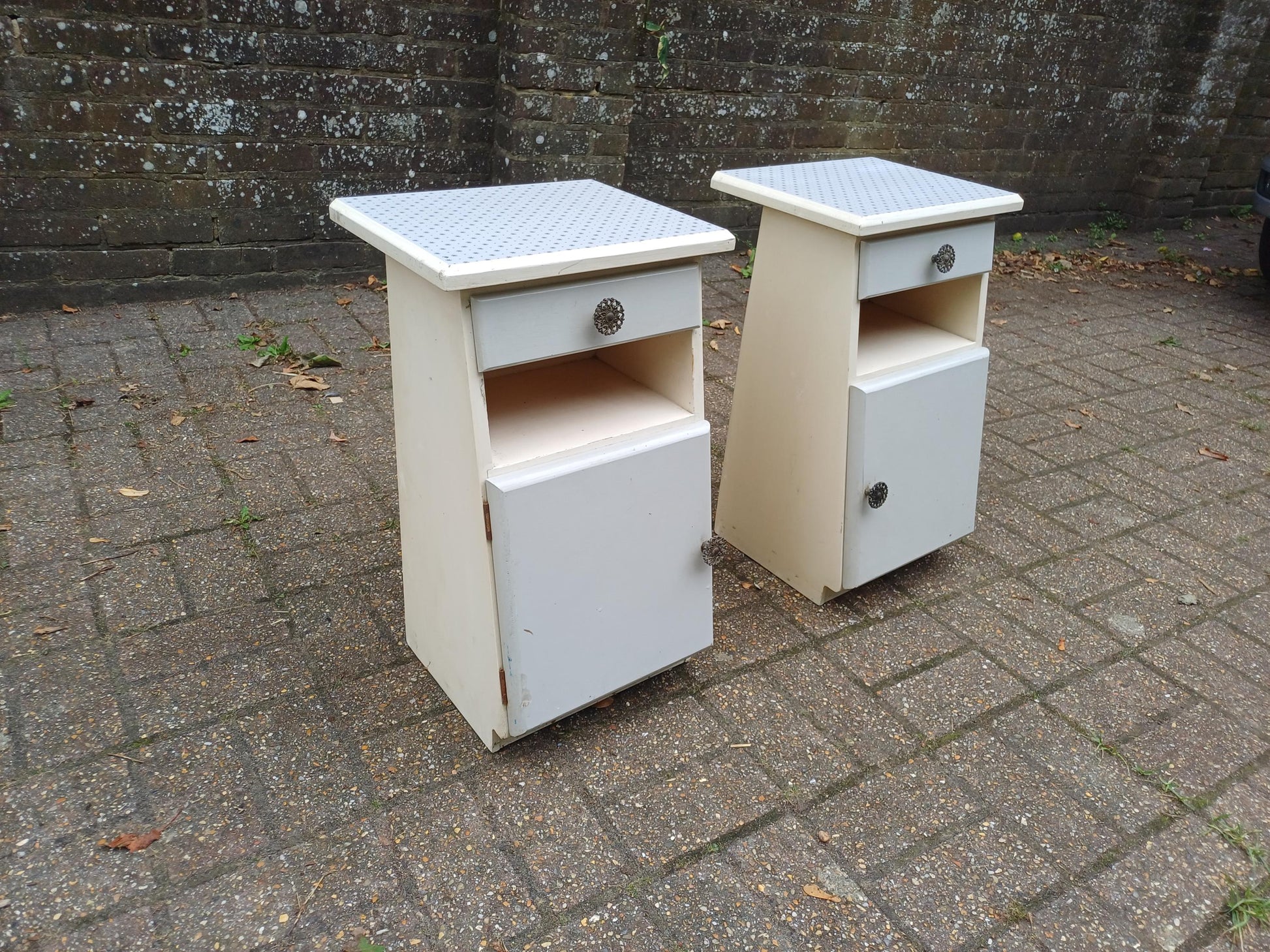 Dalek Lookalike! Cute Pair of 1950s Retro Bedside Cupboards Star Pattern Tops Slanted Front Storage Vintage Cabinets Upcycled Nightstands