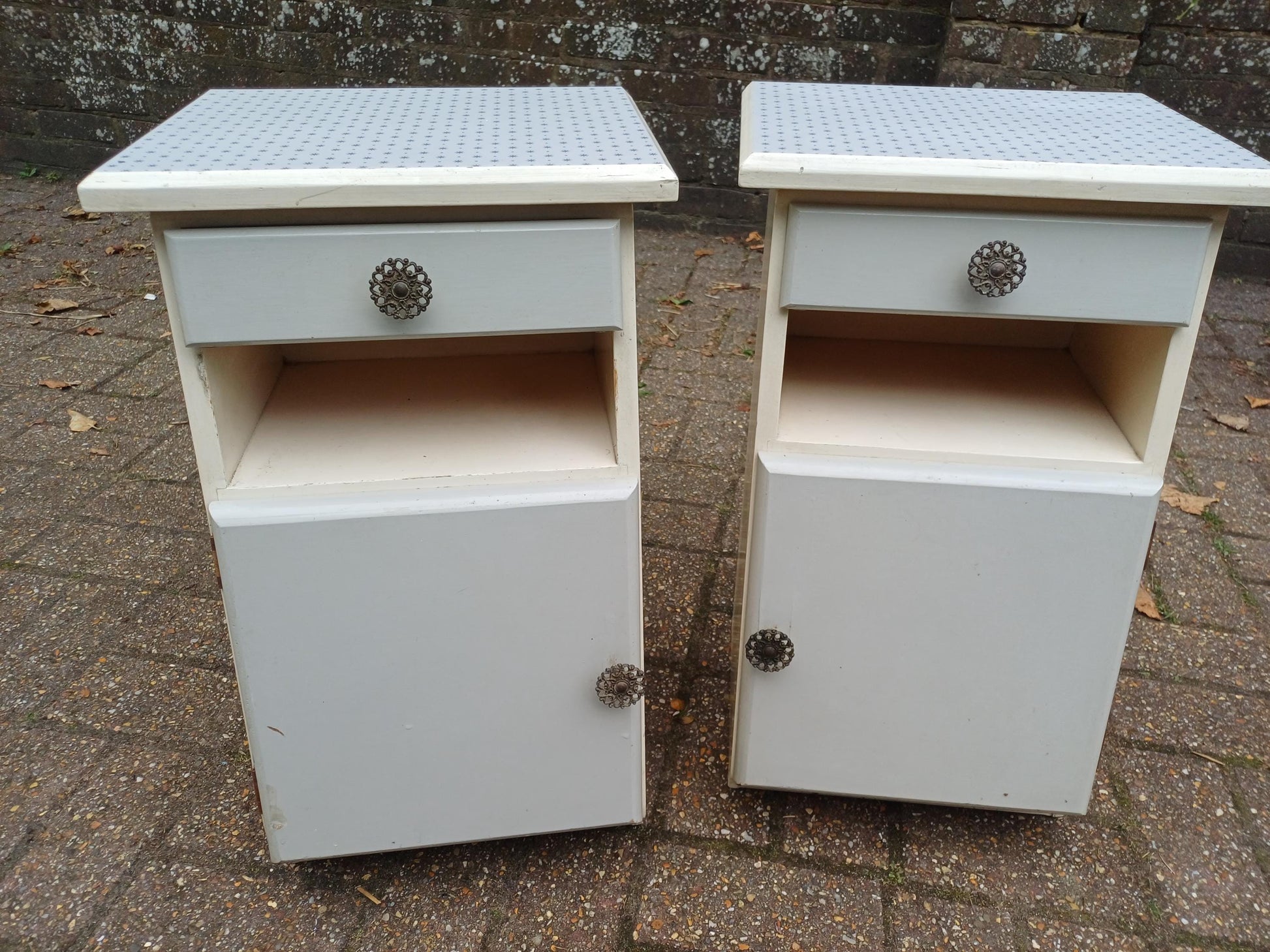 Dalek Lookalike! Cute Pair of 1950s Retro Bedside Cupboards Star Pattern Tops Slanted Front Storage Vintage Cabinets Upcycled Nightstands