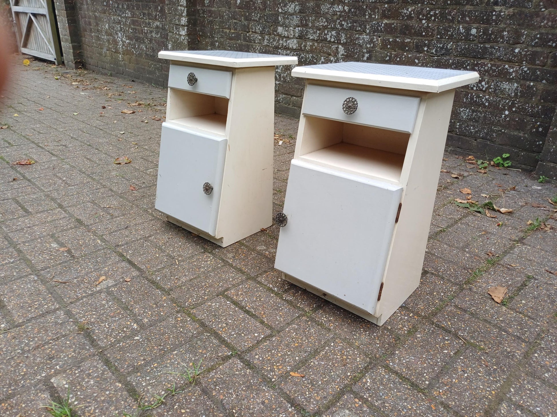 Dalek Lookalike! Cute Pair of 1950s Retro Bedside Cupboards Star Pattern Tops Slanted Front Storage Vintage Cabinets Upcycled Nightstands