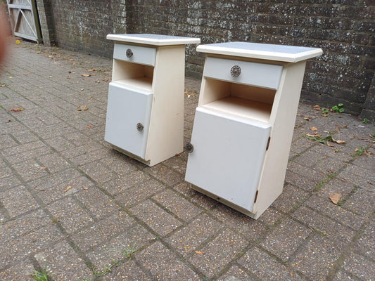 Dalek Lookalike! Cute Pair of 1950s Retro Bedside Cupboards Star Pattern Tops Slanted Front Storage Vintage Cabinets Upcycled Nightstands