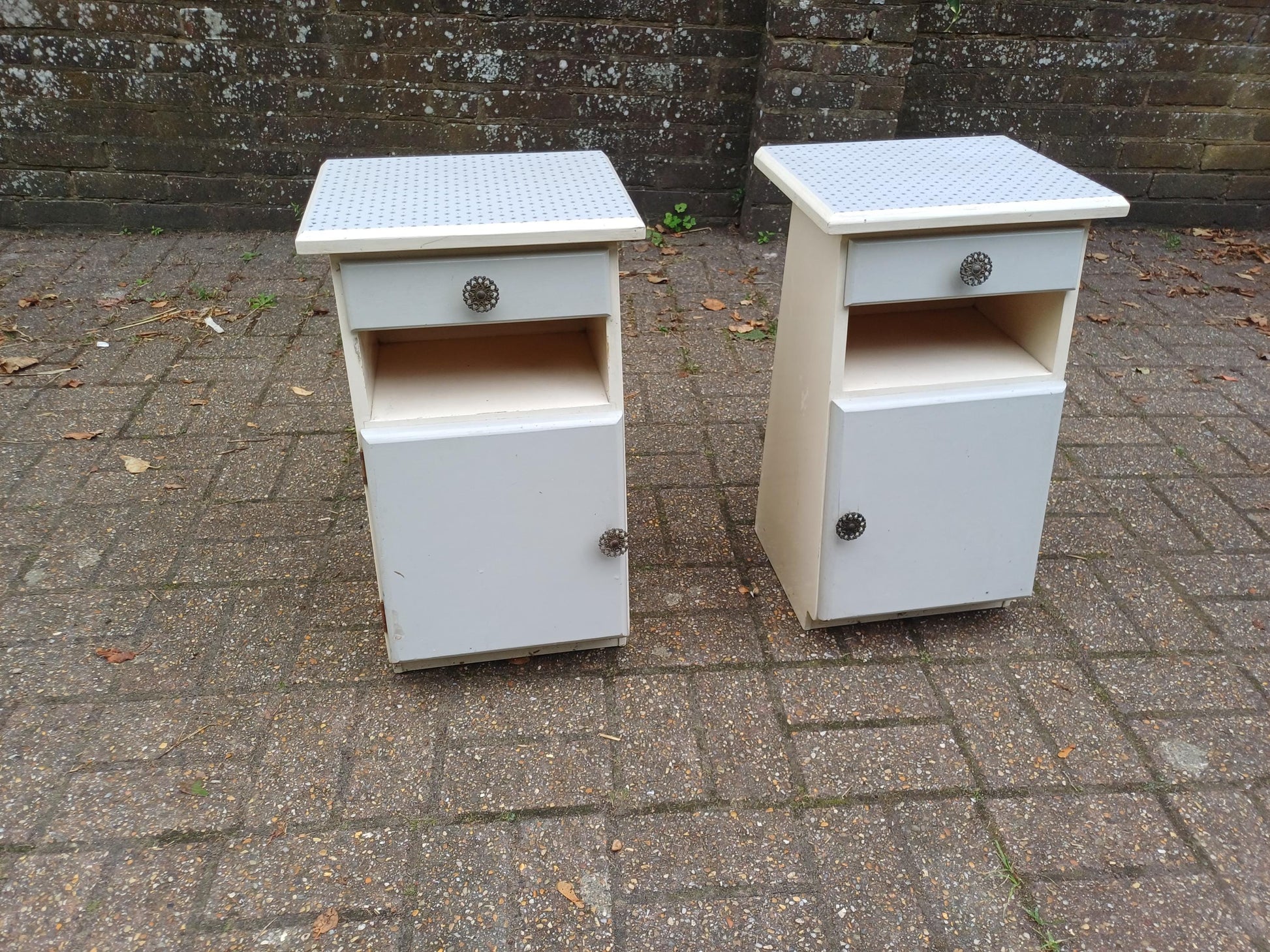 Dalek Lookalike! Cute Pair of 1950s Retro Bedside Cupboards Star Pattern Tops Slanted Front Storage Vintage Cabinets Upcycled Nightstands