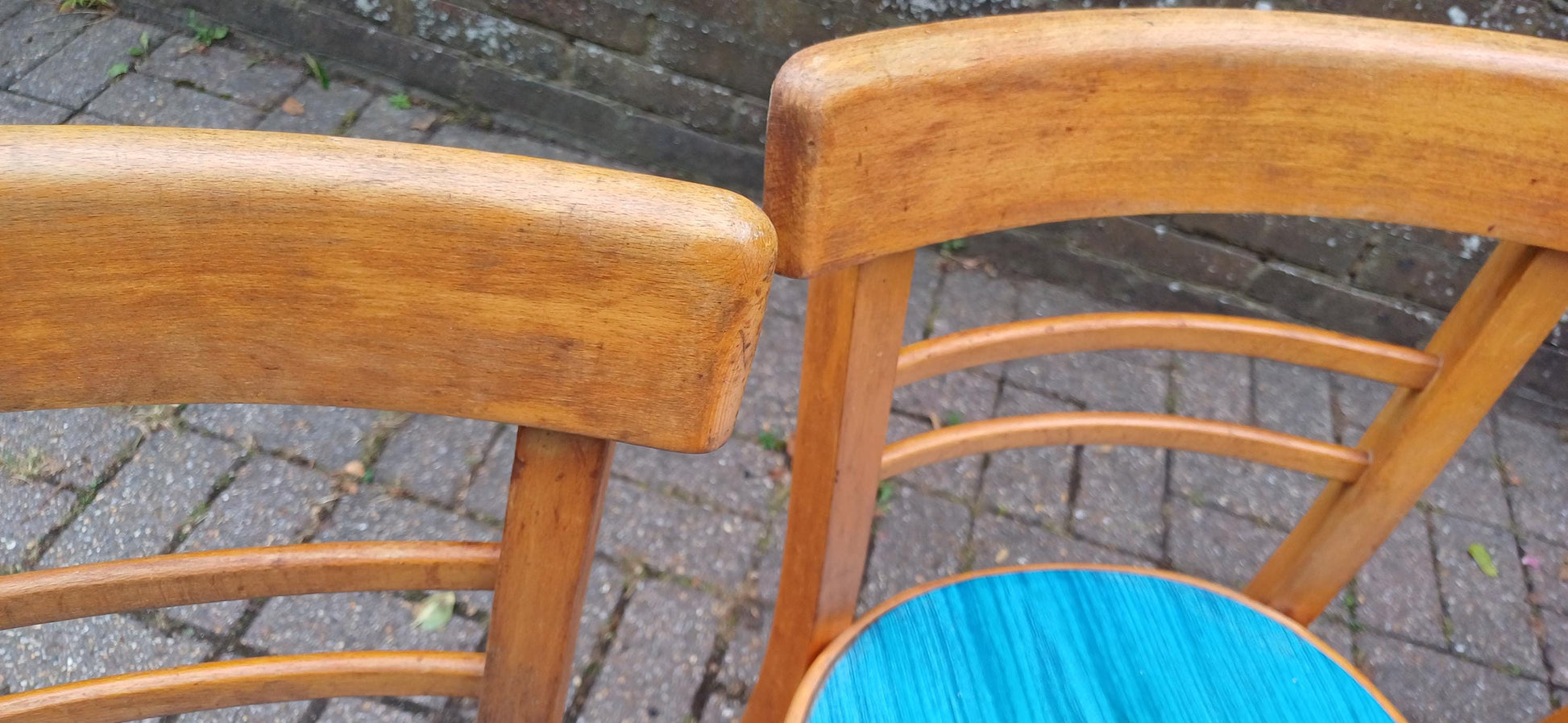 Vintage Retro Set of 4 Kitchen Chairs Classic 50s or 60s Utility Style Quirky Blue Seats Kitchen Dining Room Solid Beech FREE HAND Delivery