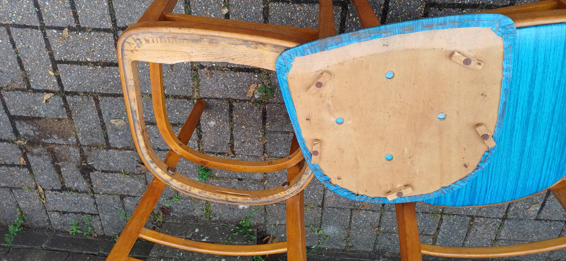 Vintage Retro Set of 4 Kitchen Chairs Classic 50s or 60s Utility Style Quirky Blue Seats Kitchen Dining Room Solid Beech FREE HAND Delivery