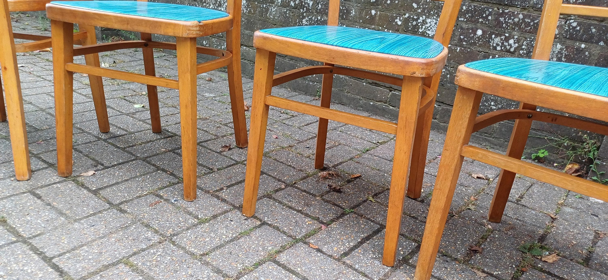 Vintage Retro Set of 4 Kitchen Chairs Classic 50s or 60s Utility Style Quirky Blue Seats Kitchen Dining Room Solid Beech FREE HAND Delivery