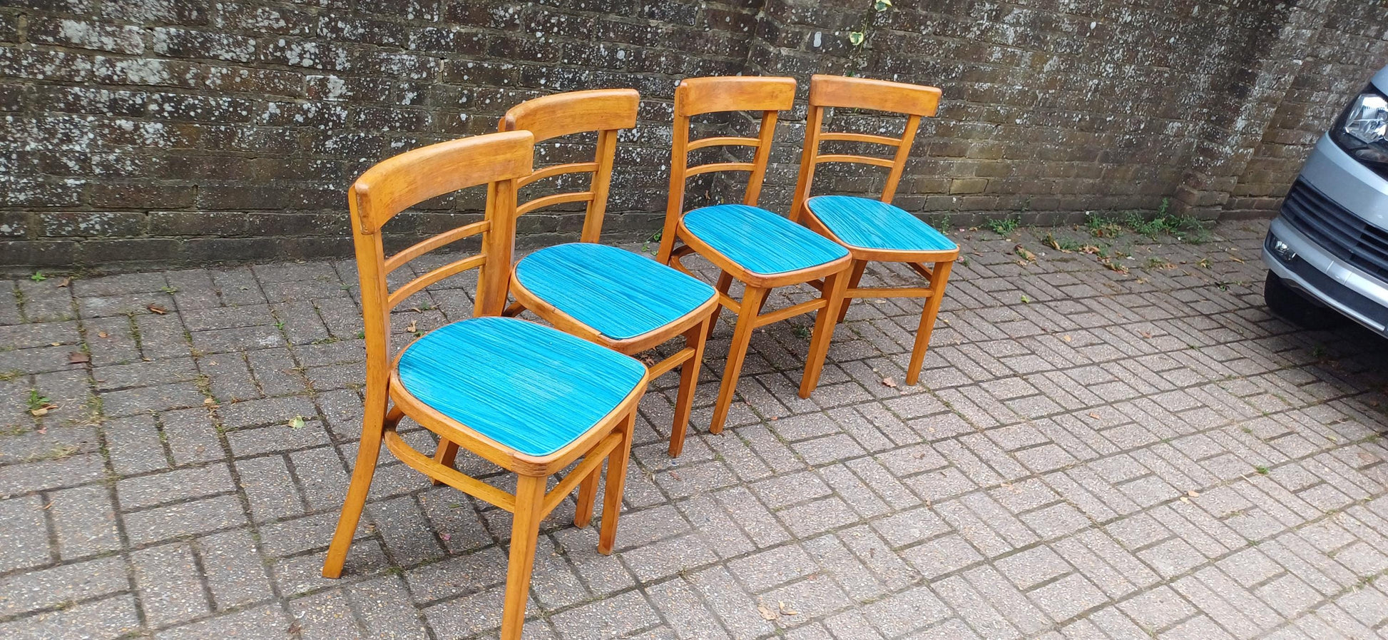 Vintage Retro Set of 4 Kitchen Chairs Classic 50s or 60s Utility Style Quirky Blue Seats Kitchen Dining Room Solid Beech FREE HAND Delivery
