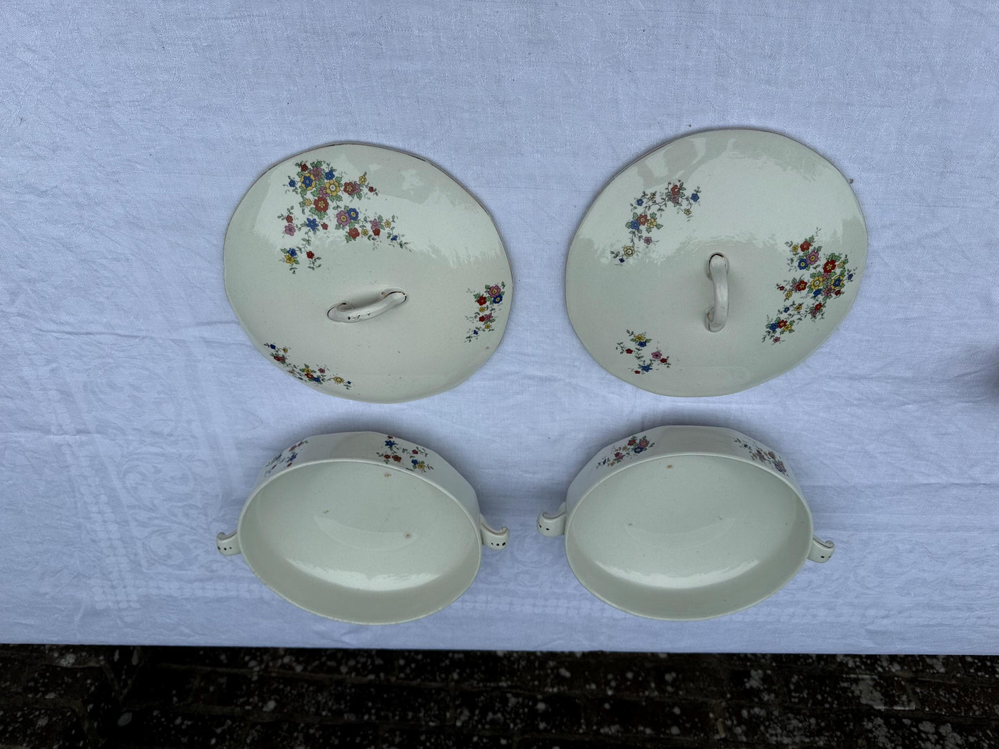 Antique Empire Works England Tureen Set x 4, 1920s Hand Painted Floral Ironstone, Lidded Serving Dishes & Ladles, Vintage Tableware