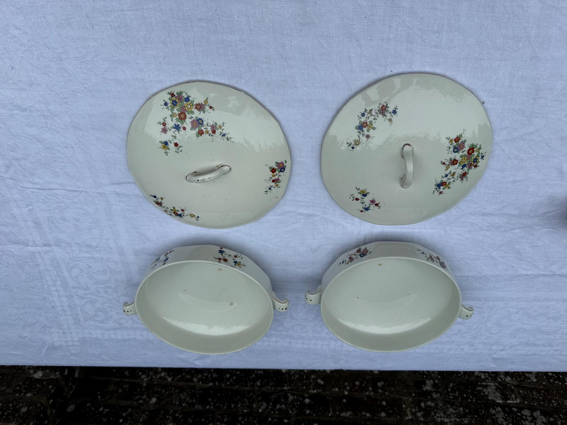 Antique Empire Works England Tureen Set x 4, 1920s Hand Painted Floral Ironstone, Lidded Serving Dishes & Ladles, Vintage Tableware