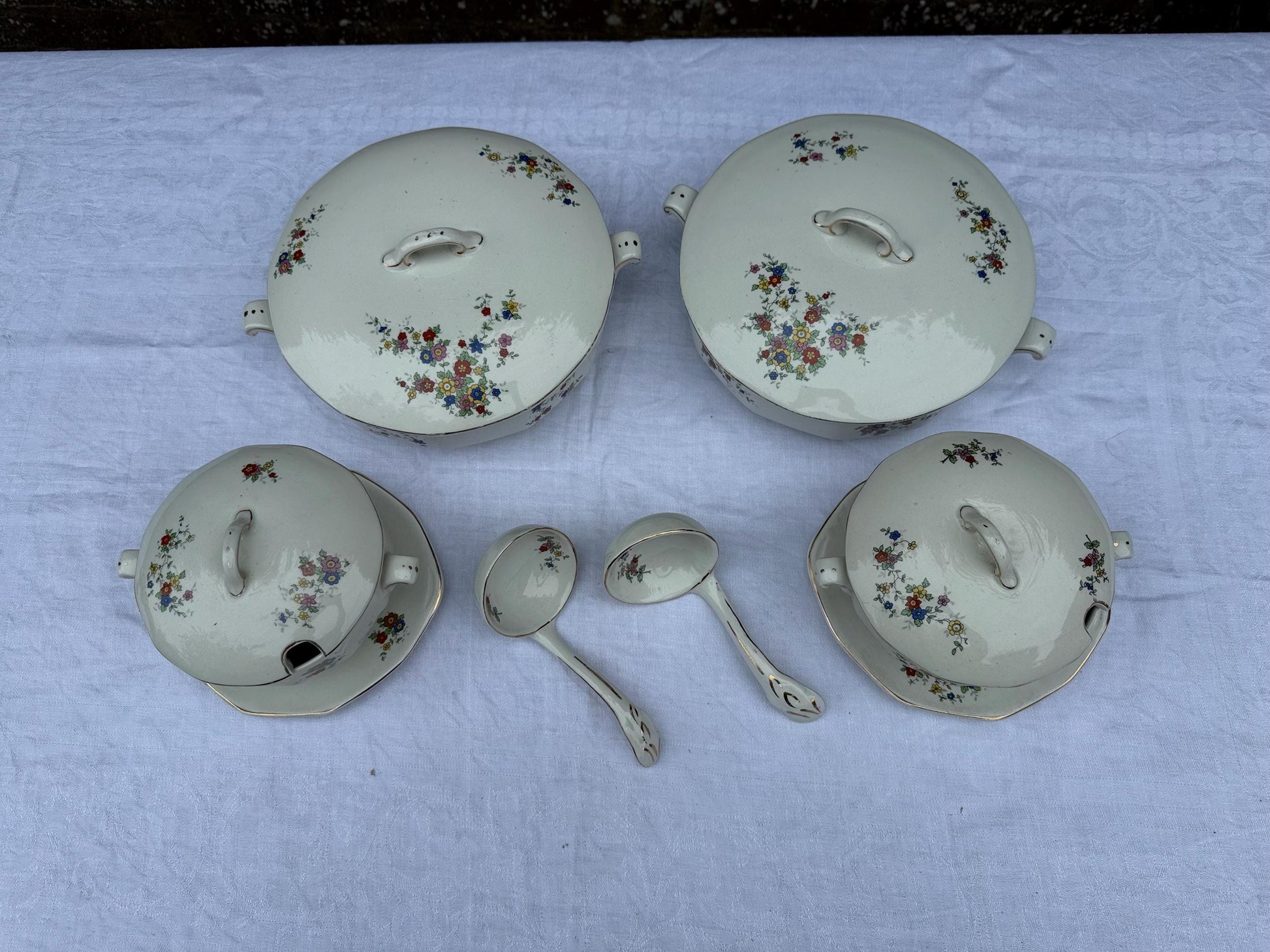 Antique Empire Works England Tureen Set x 4, 1920s Hand Painted Floral Ironstone, Lidded Serving Dishes & Ladles, Vintage Tableware