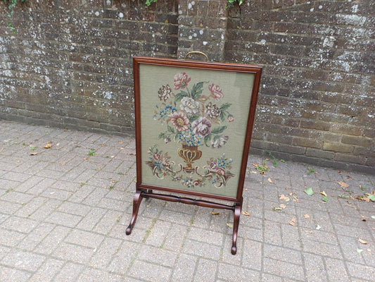 Massive Antique Victorian Mahogany Pole Fire Screen with Floral Needlepoint Panel – Still Life Embroidery Sturdy vgc FREE HAND Delivery