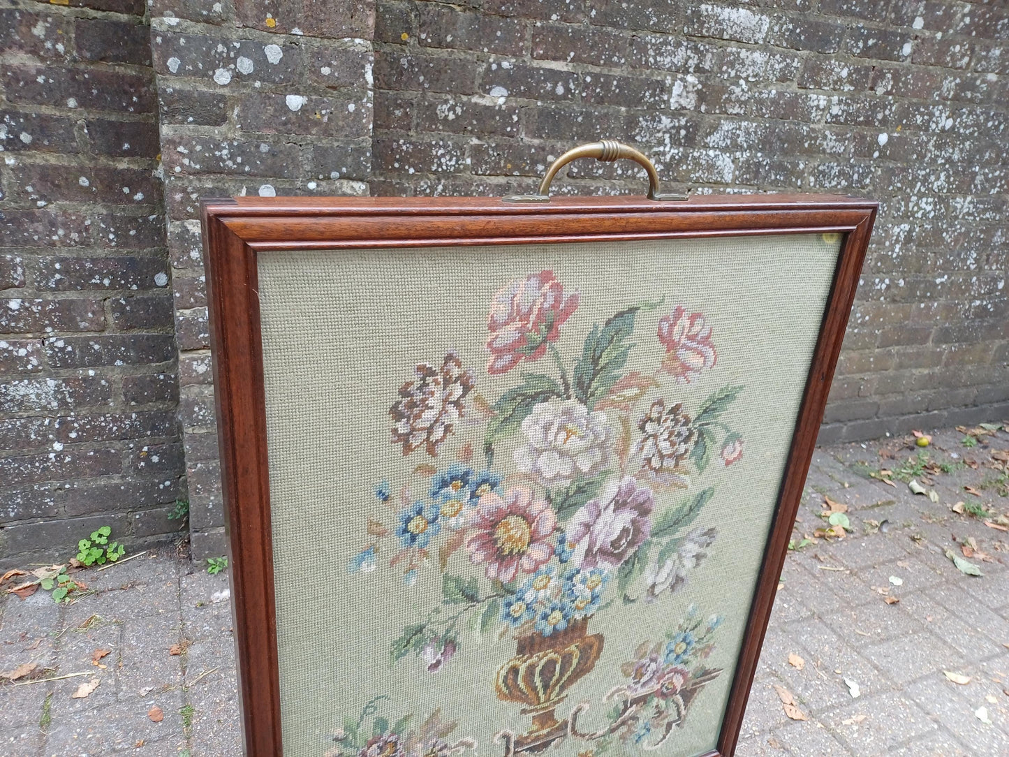 Massive Antique Victorian Mahogany Pole Fire Screen with Floral Needlepoint Panel – Still Life Embroidery Sturdy vgc FREE HAND Delivery