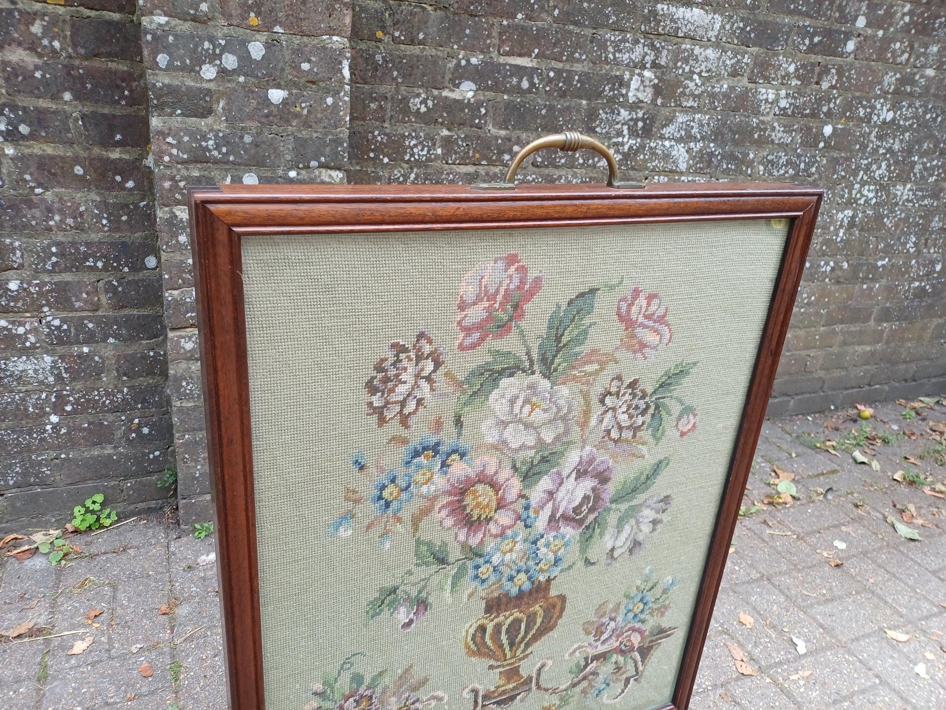 Massive Antique Victorian Mahogany Pole Fire Screen with Floral Needlepoint Panel – Still Life Embroidery Sturdy vgc FREE HAND Delivery