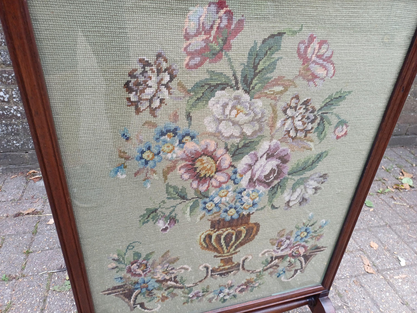Massive Antique Victorian Mahogany Pole Fire Screen with Floral Needlepoint Panel – Still Life Embroidery Sturdy vgc FREE HAND Delivery