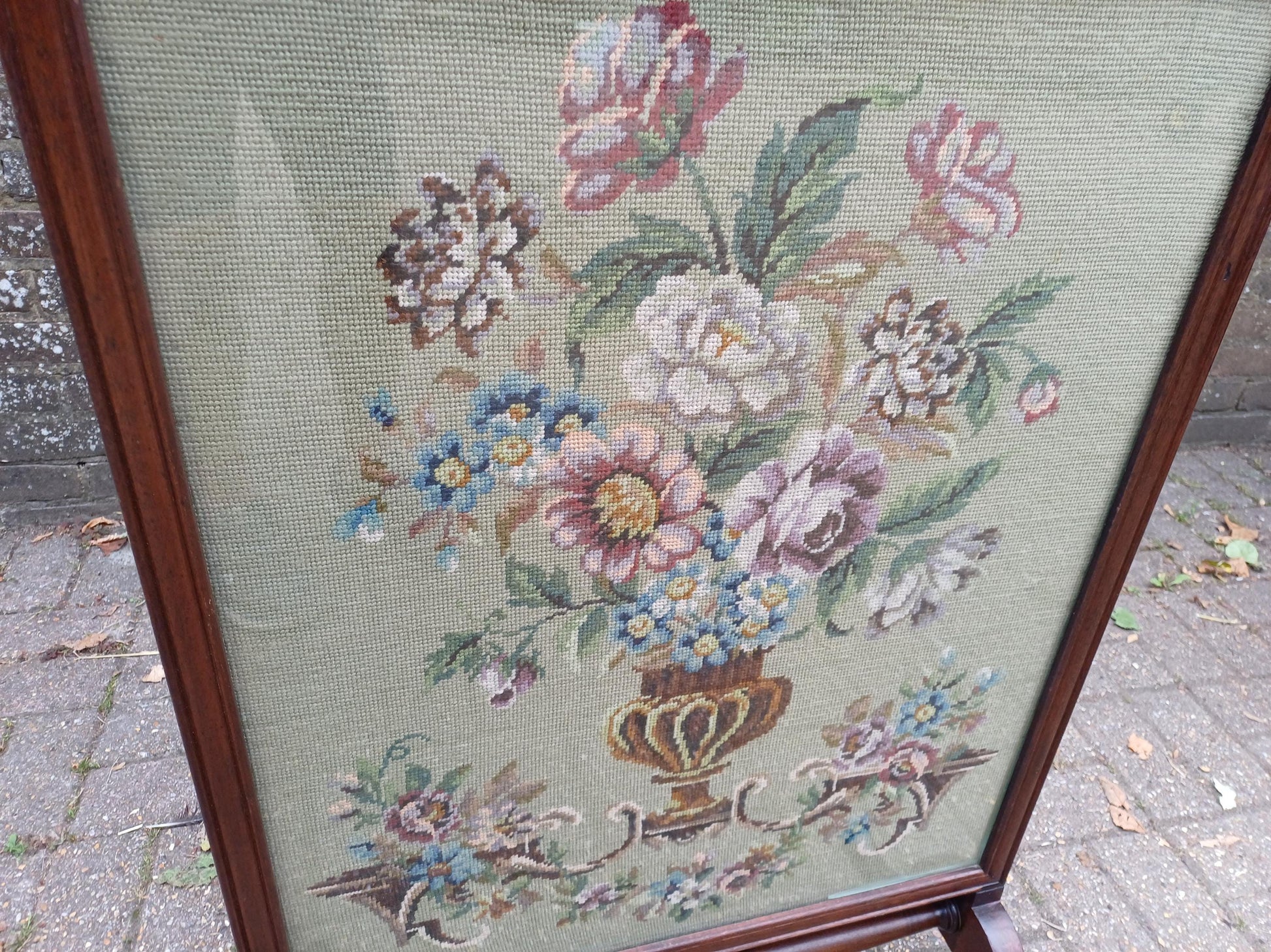 Massive Antique Victorian Mahogany Pole Fire Screen with Floral Needlepoint Panel – Still Life Embroidery Sturdy vgc FREE HAND Delivery