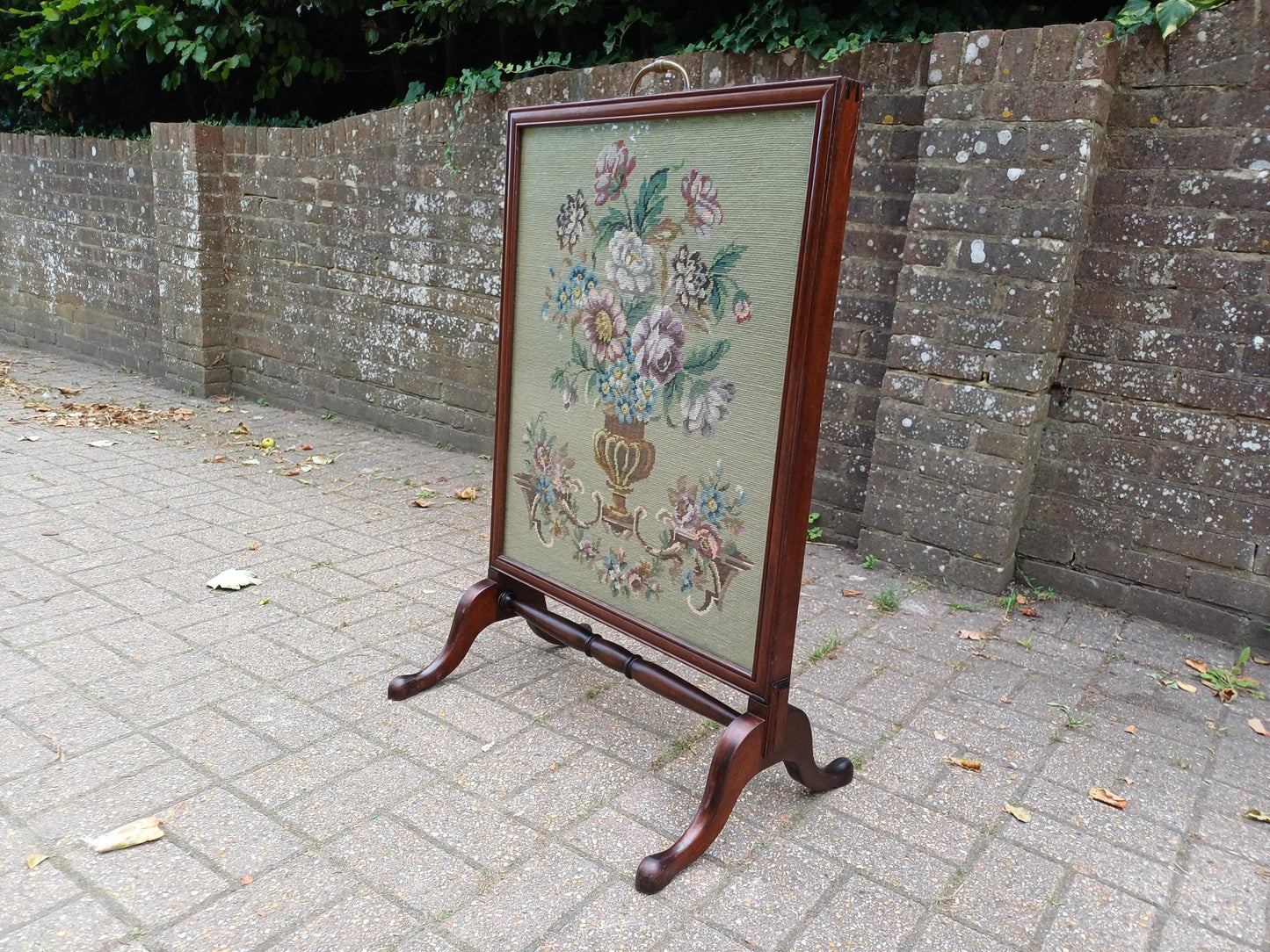 Massive Antique Victorian Mahogany Pole Fire Screen with Floral Needlepoint Panel – Still Life Embroidery Sturdy vgc FREE HAND Delivery