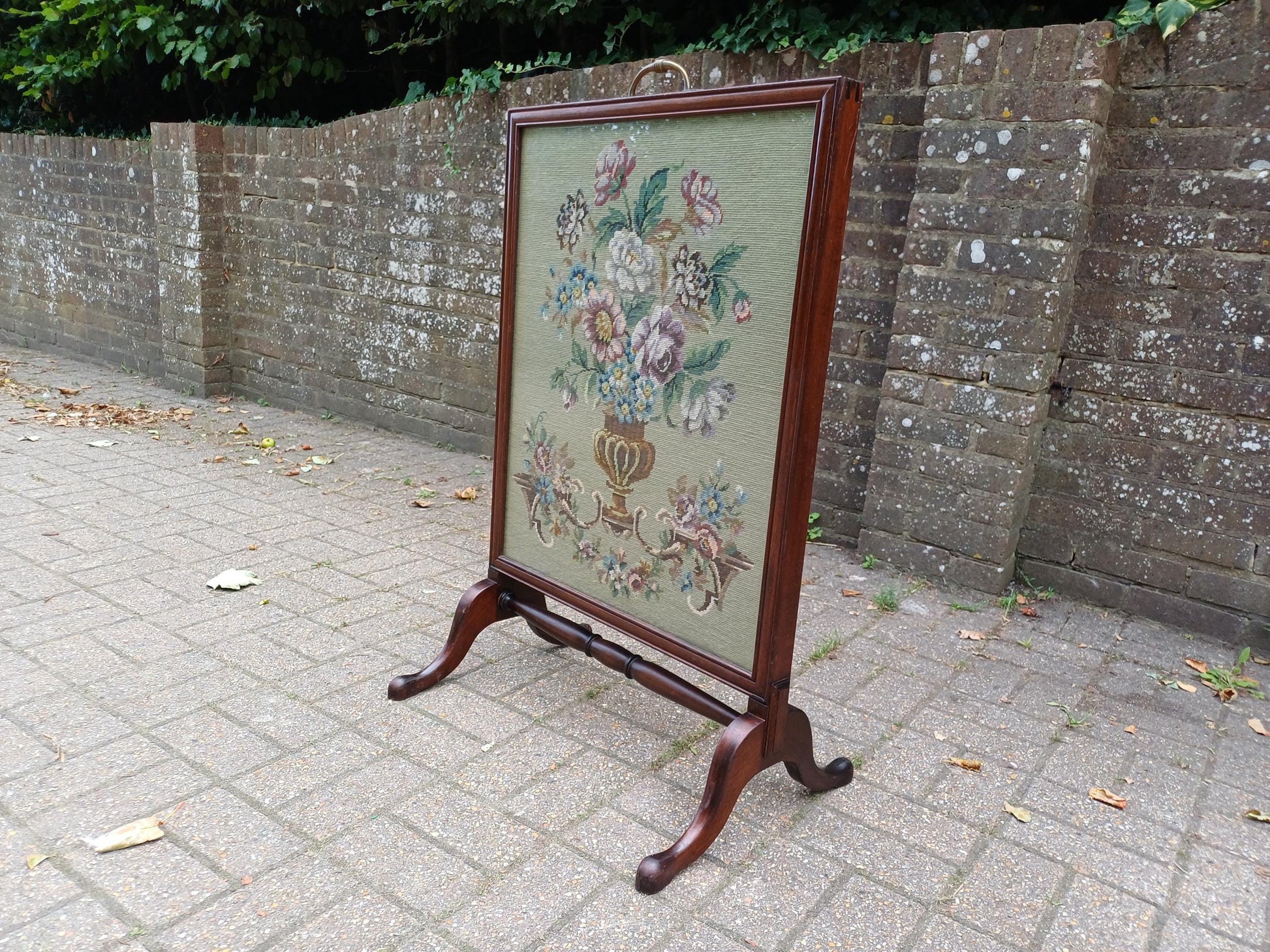 Massive Antique Victorian Mahogany Pole Fire Screen with Floral Needlepoint Panel – Still Life Embroidery Sturdy vgc FREE HAND Delivery