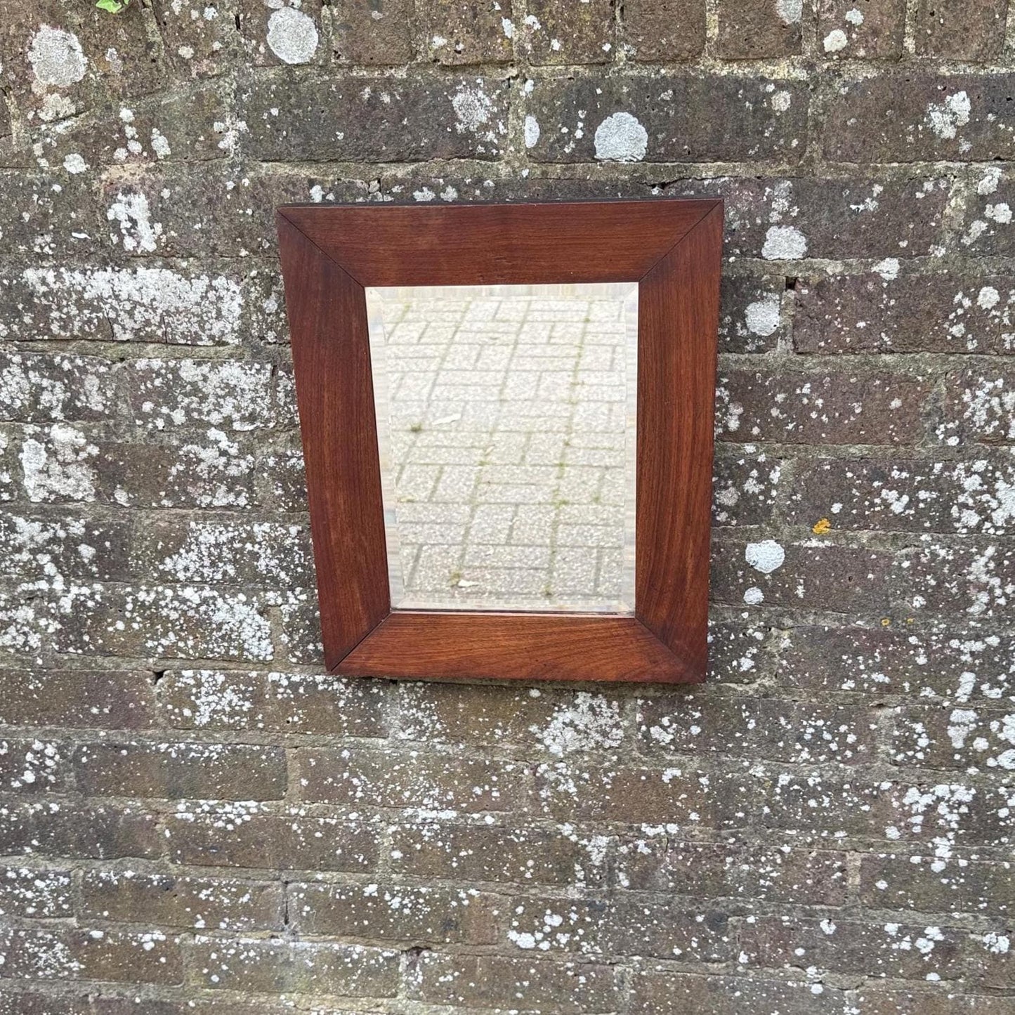 small vintage antique edwardian wooden oak mirror. original backing.  bevelled glass in small antique mirror. square small mirror. VGC