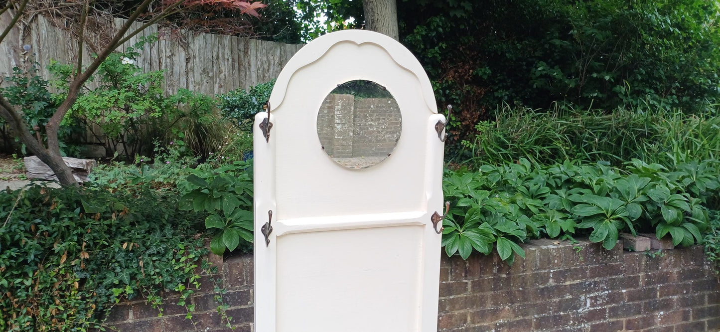 Vintage Painted Oak Hall Stand with Mirror, Storage Seat and Coat Hooks – Shabby Chic Cream Entryway Bench c.1930s FREE HAND Delivery