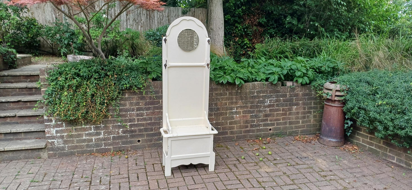 Vintage Painted Oak Hall Stand with Mirror, Storage Seat and Coat Hooks – Shabby Chic Cream Entryway Bench c.1930s FREE HAND Delivery