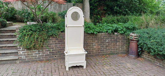 Vintage Painted Oak Hall Stand with Mirror, Storage Seat and Coat Hooks – Shabby Chic Cream Entryway Bench c.1930s FREE HAND Delivery