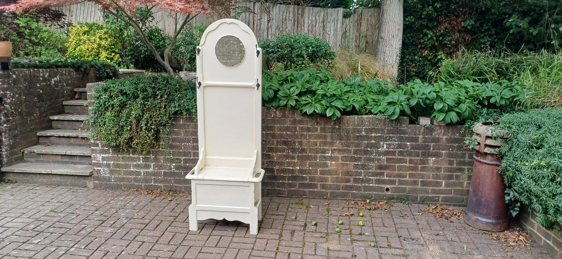 Vintage Painted Oak Hall Stand with Mirror, Storage Seat and Coat Hooks – Shabby Chic Cream Entryway Bench c.1930s FREE HAND Delivery