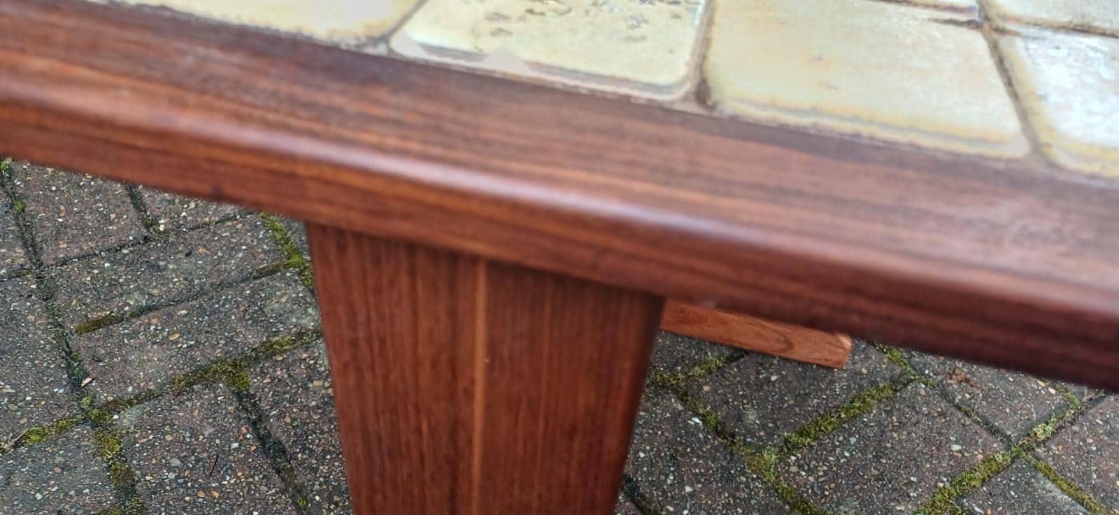 Vintage 1970s Danish Style Mid Century Tile Top Side Table – Teak Wood Accent Table with Retro Cream Glazed Ceramic Mosaic, Occasional Table