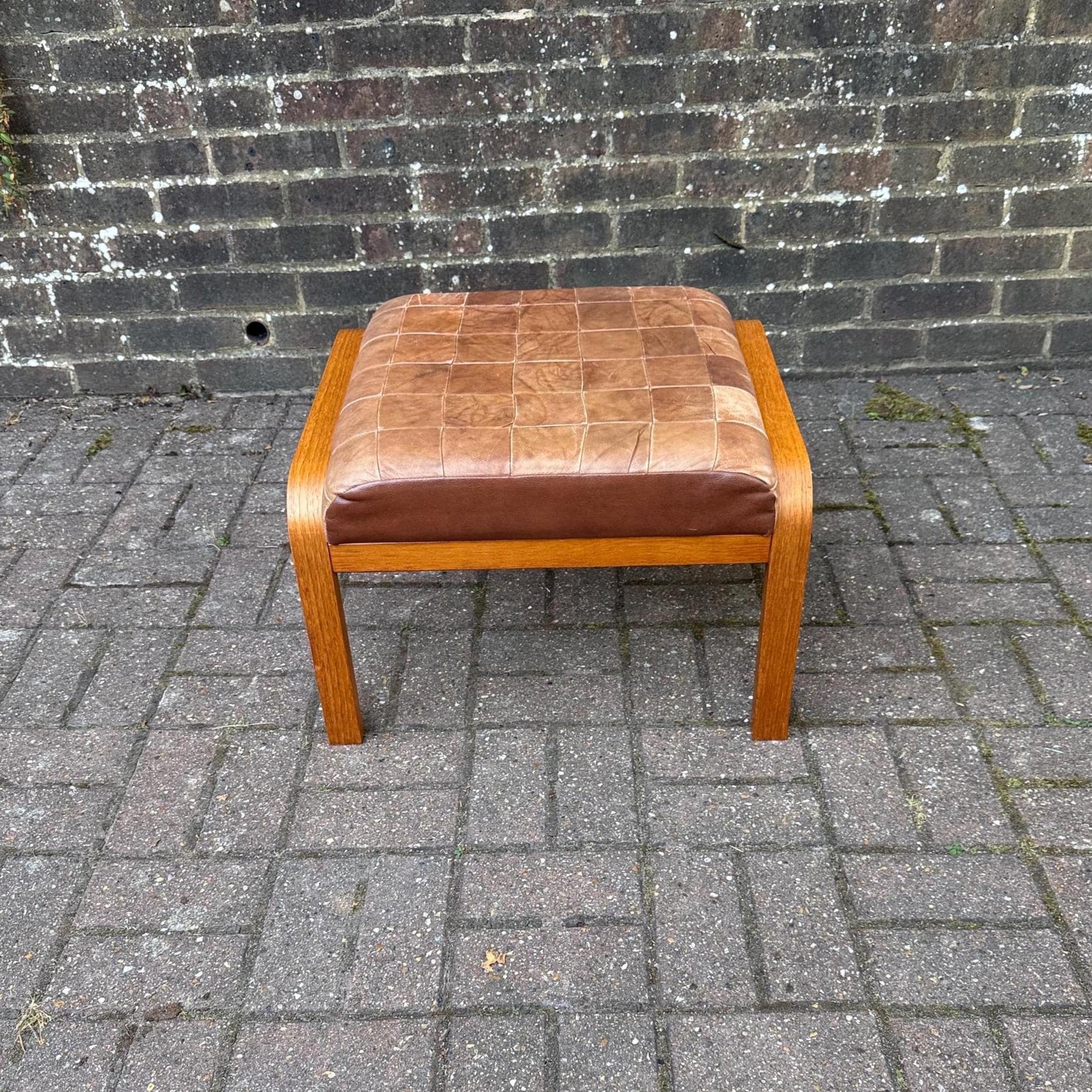 retro wooden stool with lovely soft patchwork leather seat/  oak or teak wood in scandi style design
