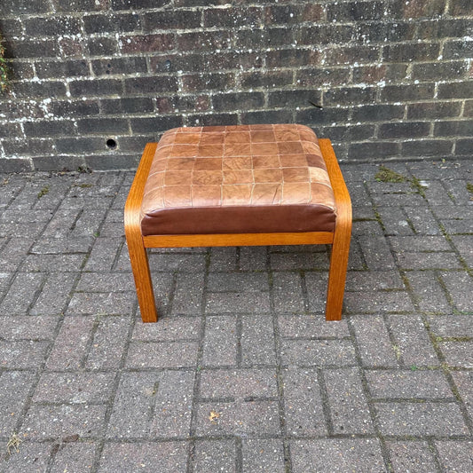 retro wooden stool with lovely soft patchwork leather seat/  oak or teak wood in scandi style design