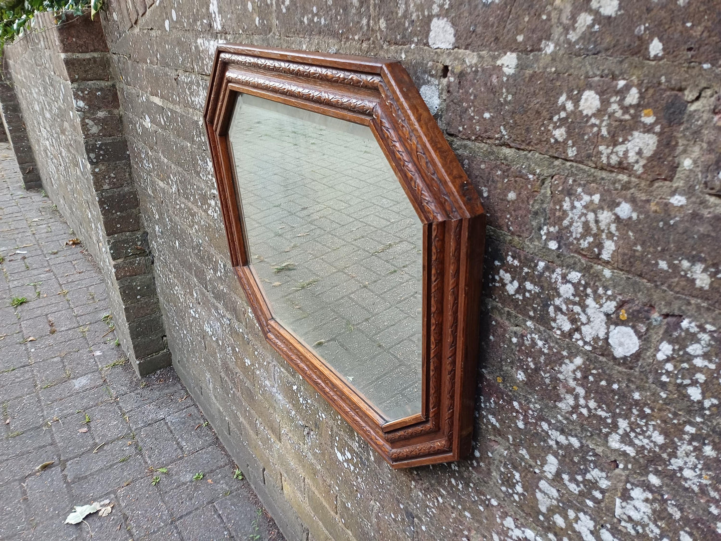 Antique Octagonal Wall Mirror with Oak Carved Wooden Frame and Bevelled Glass – Early 20th Century Vintage Decorative Home Accent