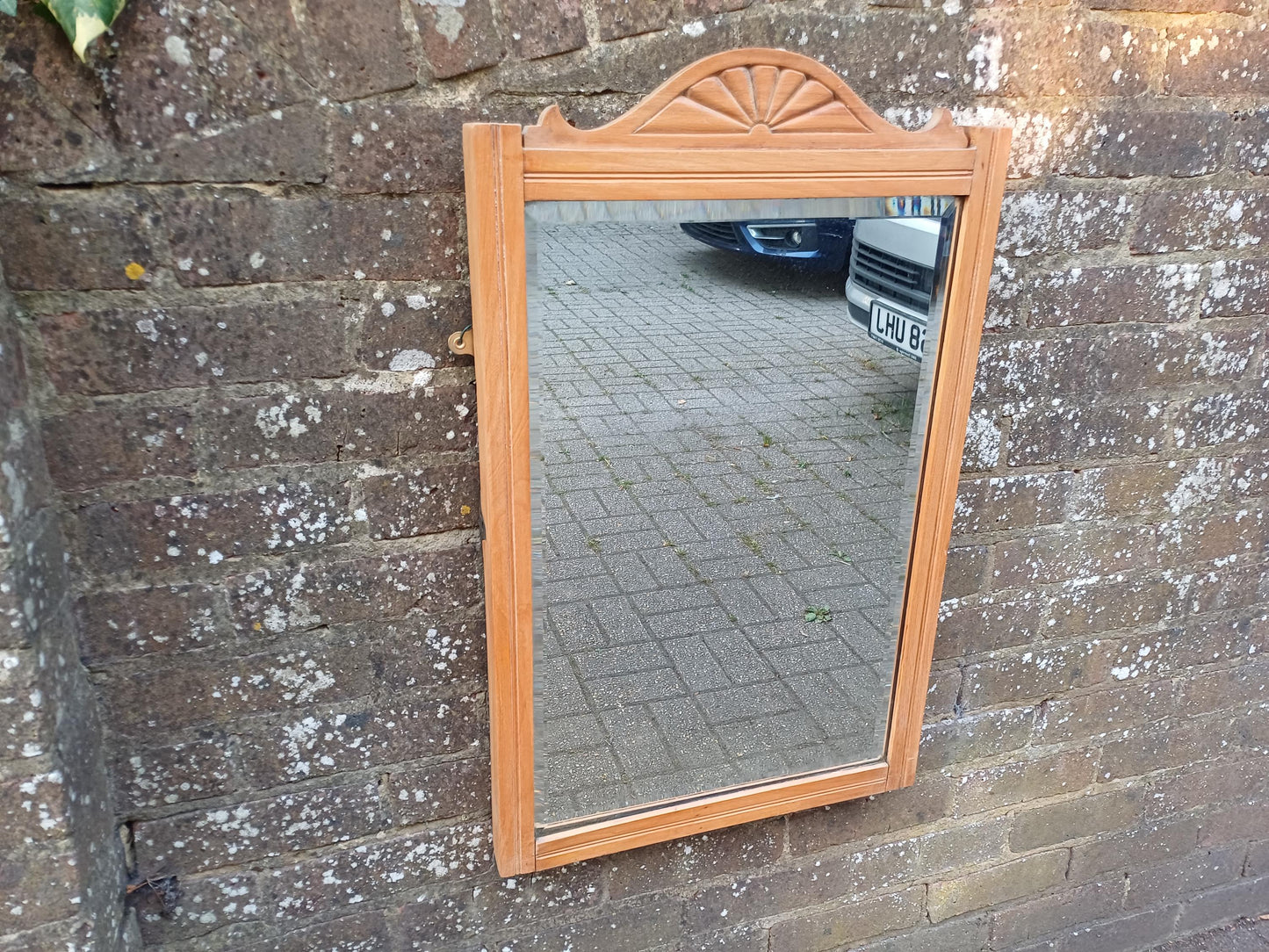 Vintage Satin Wood Stripped Wall Mirror with Carved Sunrise Pediment – Rustic Farmhouse Hallway or Bedroom Decor Quality Bevelled Glass