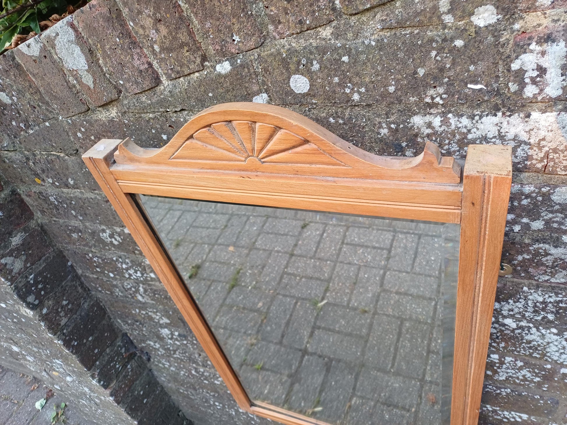 Vintage Satin Wood Stripped Wall Mirror with Carved Sunrise Pediment – Rustic Farmhouse Hallway or Bedroom Decor Quality Bevelled Glass