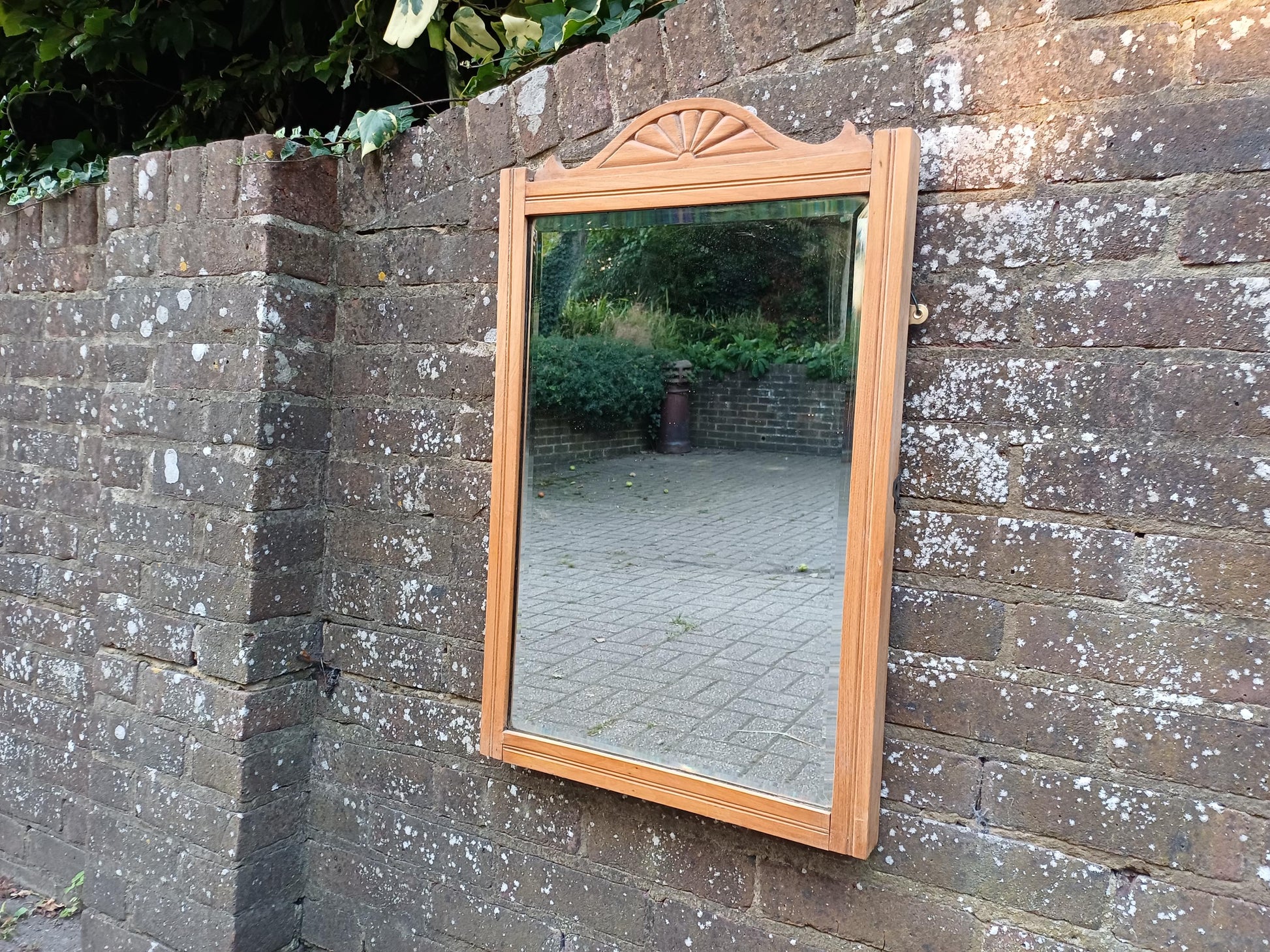 Vintage Satin Wood Stripped Wall Mirror with Carved Sunrise Pediment – Rustic Farmhouse Hallway or Bedroom Decor Quality Bevelled Glass