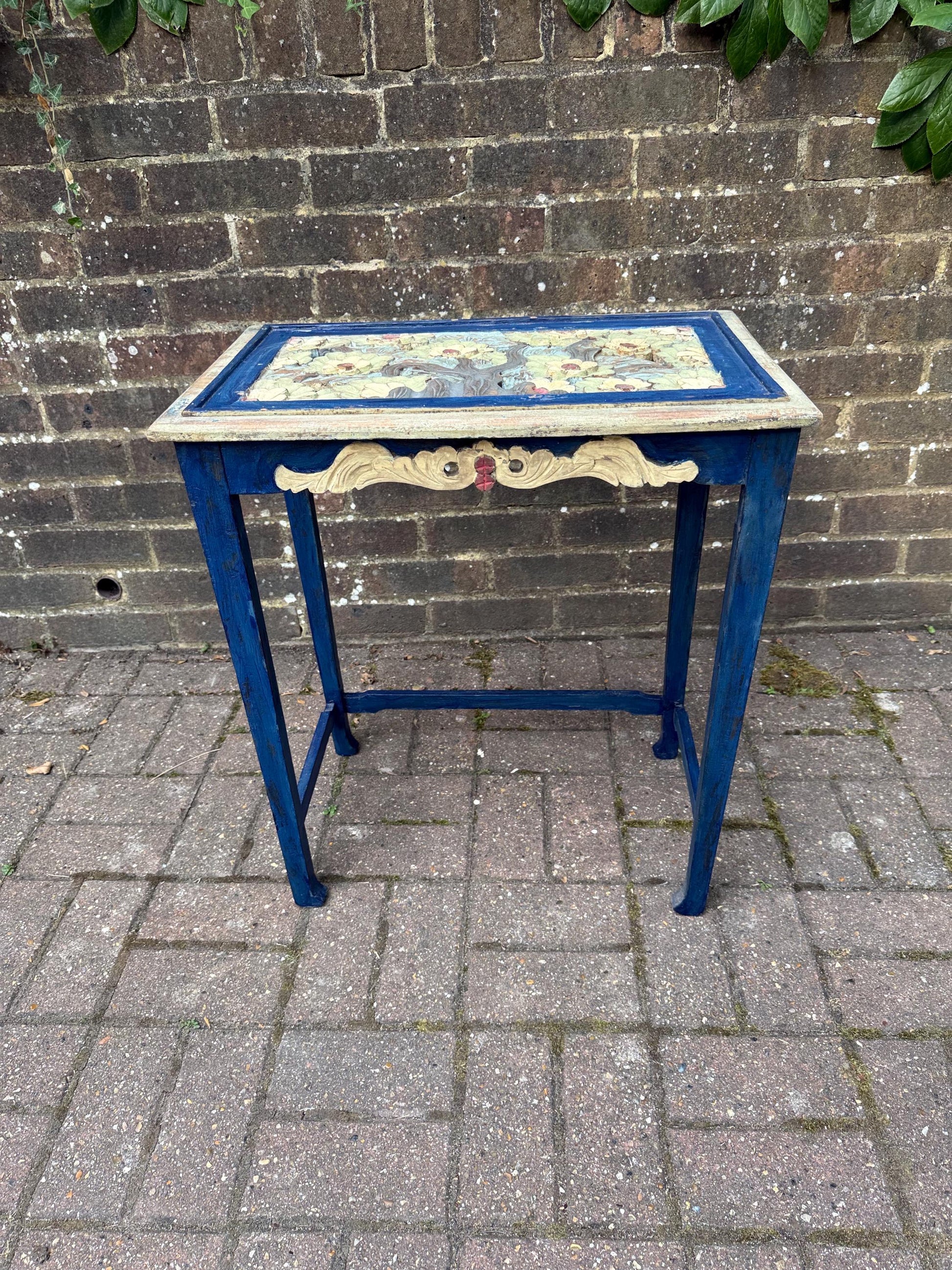 Vintage Hand-Painted Wooden Side Table – Oriental Far Eastern Origins, Carved Top, Rustic, Boho Chic, Shabby Chic, Decorative Accent
