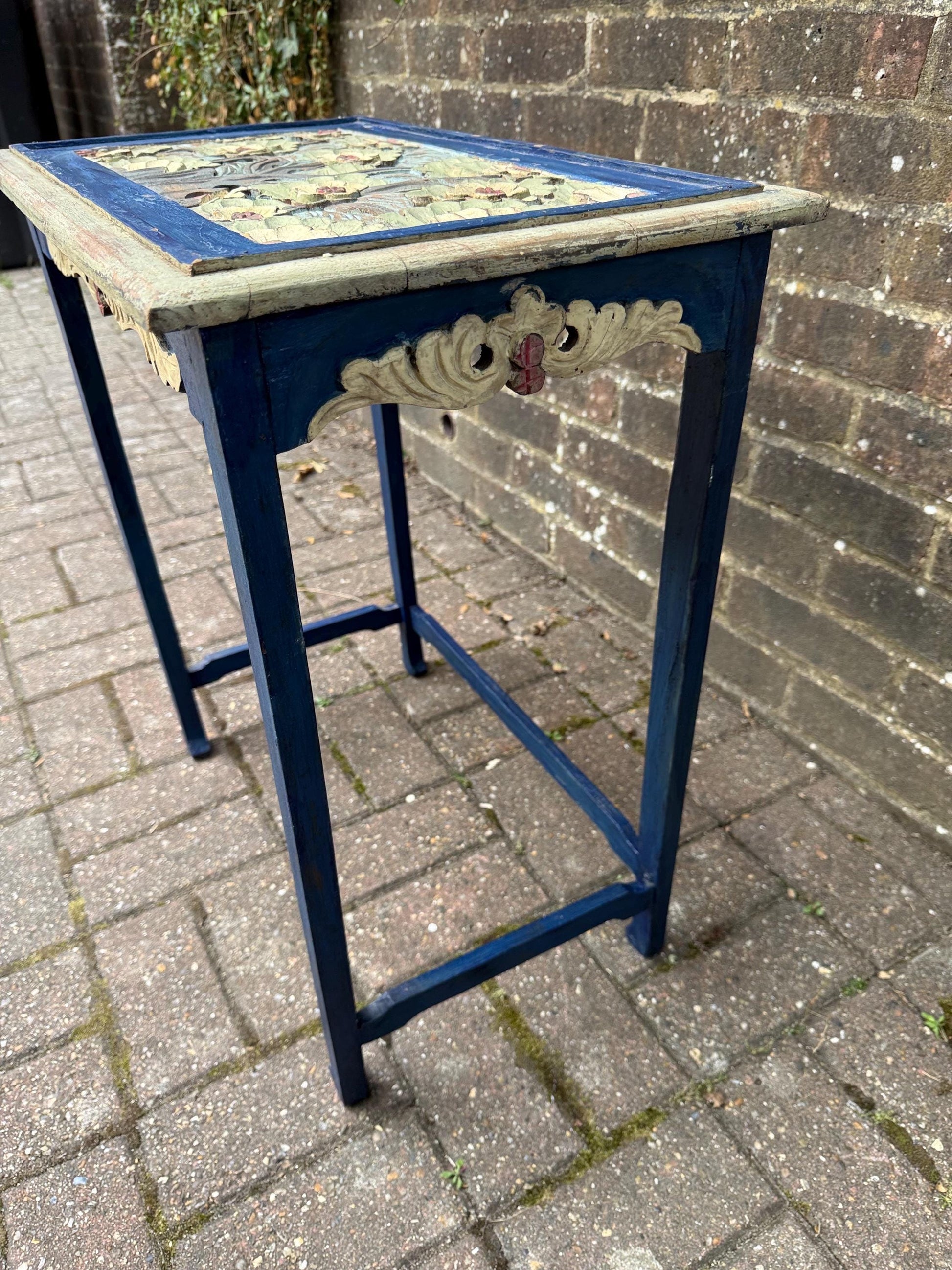 Vintage Hand-Painted Wooden Side Table – Oriental Far Eastern Origins, Carved Top, Rustic, Boho Chic, Shabby Chic, Decorative Accent
