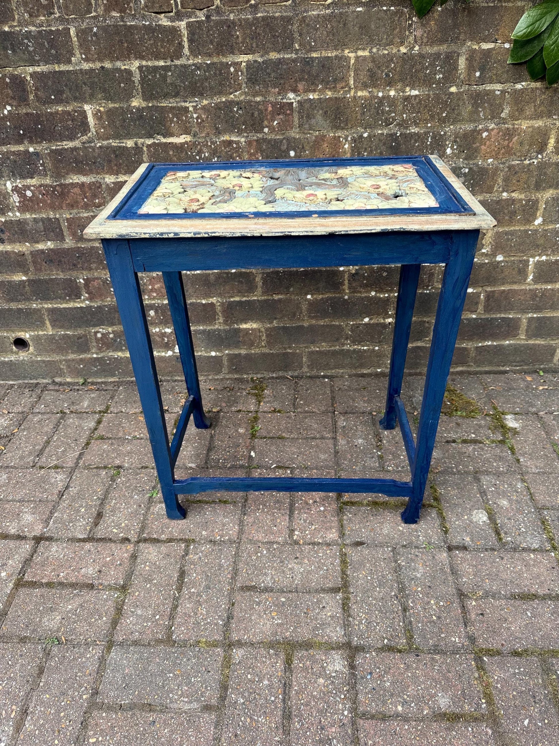 Vintage Hand-Painted Wooden Side Table – Oriental Far Eastern Origins, Carved Top, Rustic, Boho Chic, Shabby Chic, Decorative Accent