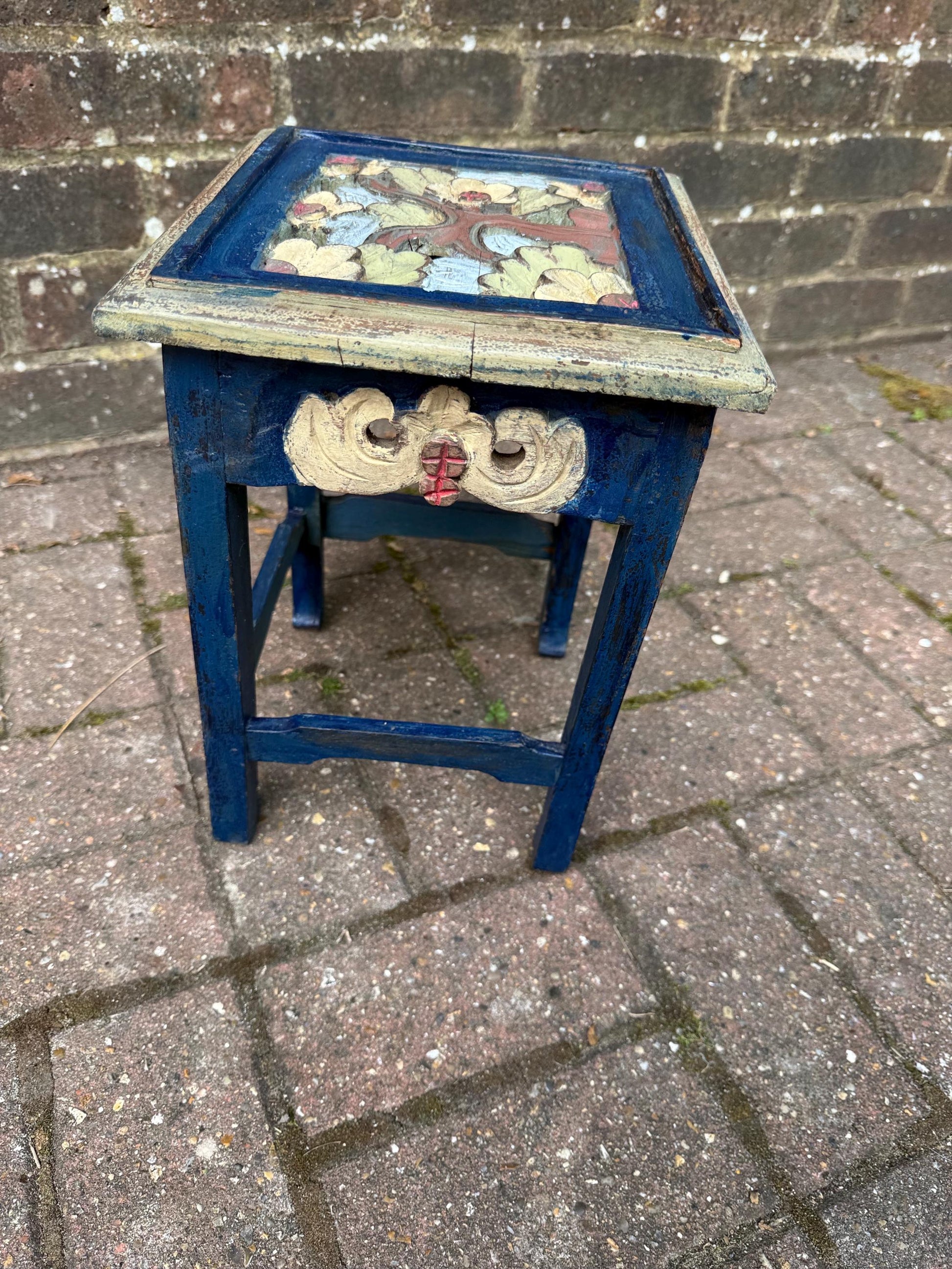 Dinky Vintage Hand-Painted Wooden Side Table – Oriental Far Eastern Origins, Carved Top, Rustic, Boho Chic, Shabby Chic, Decorative Accent