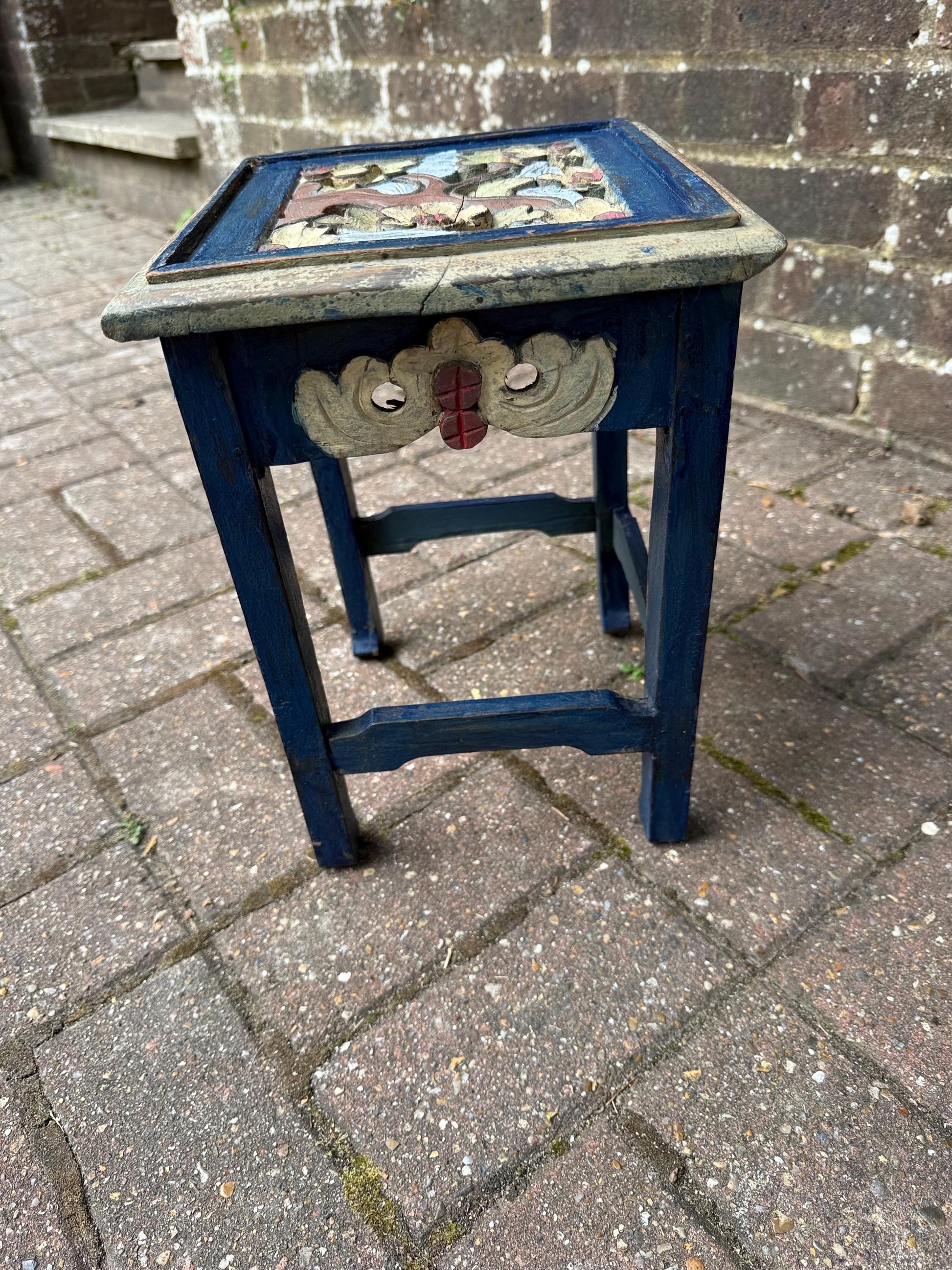 Dinky Vintage Hand-Painted Wooden Side Table – Oriental Far Eastern Origins, Carved Top, Rustic, Boho Chic, Shabby Chic, Decorative Accent