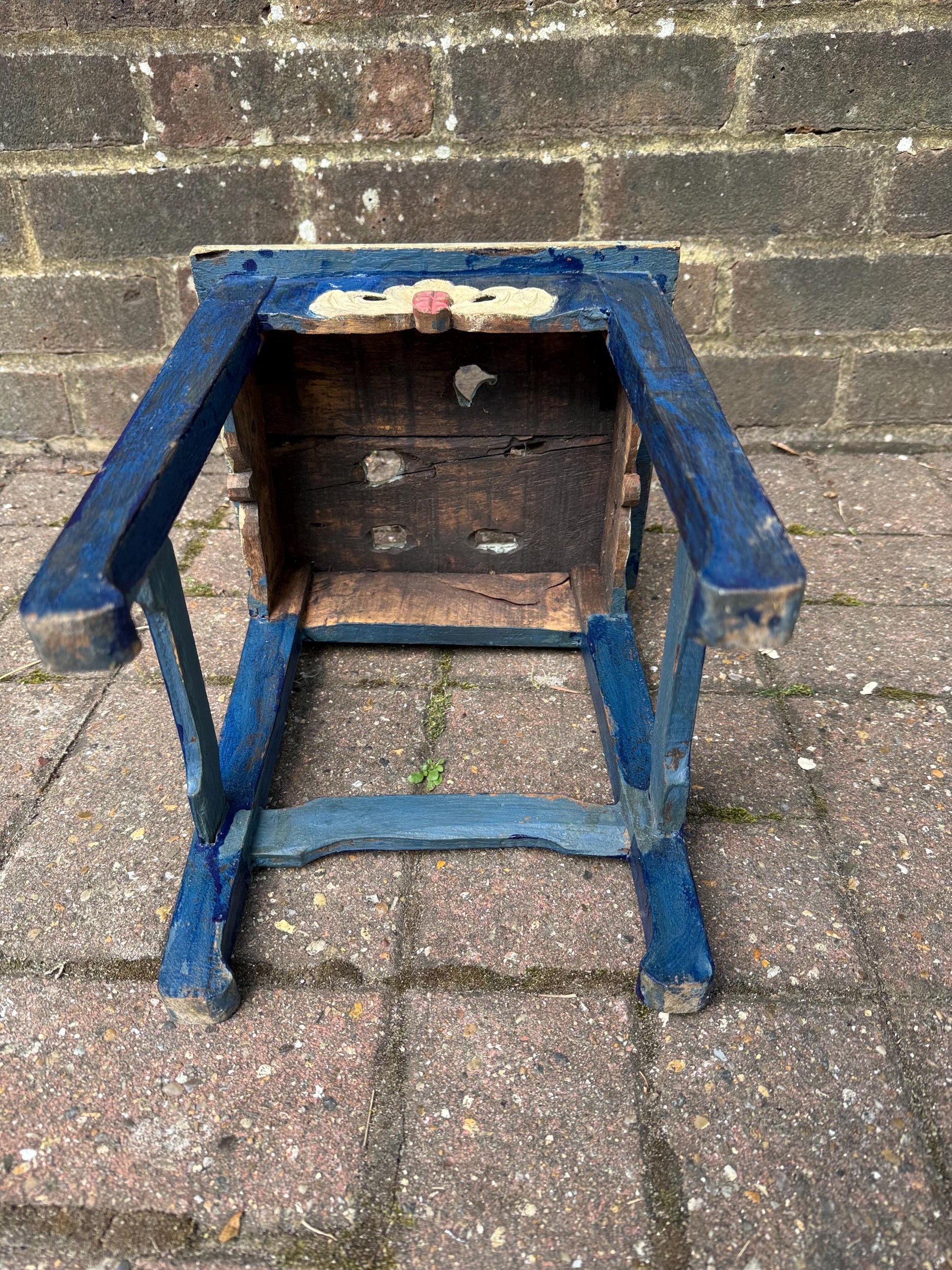 Dinky Vintage Hand-Painted Wooden Side Table – Oriental Far Eastern Origins, Carved Top, Rustic, Boho Chic, Shabby Chic, Decorative Accent