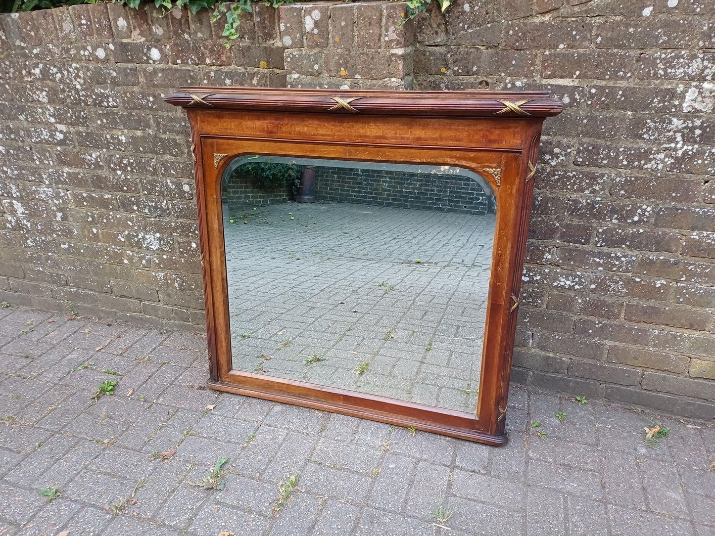 Massive Antique Edwardian Over Mantel Mirror with Marquetry Inlay Reeded Frame & Gilt Detail Early 1900s Fireplace Mirror FREE HAND Delivery