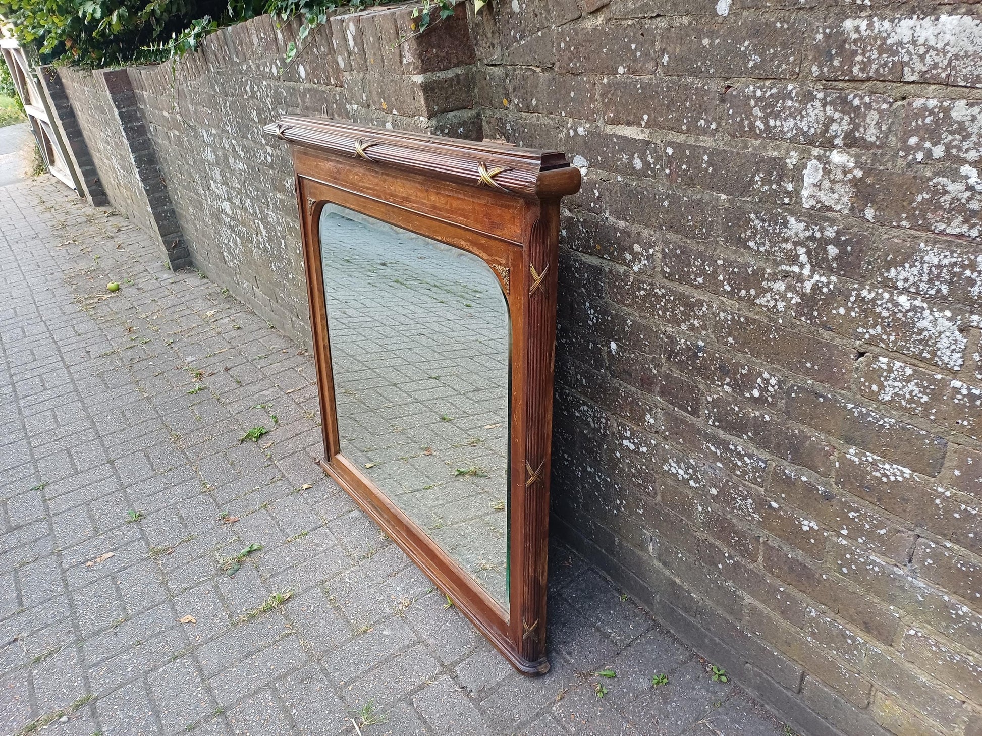 Massive Antique Edwardian Over Mantel Mirror with Marquetry Inlay Reeded Frame & Gilt Detail Early 1900s Fireplace Mirror FREE HAND Delivery