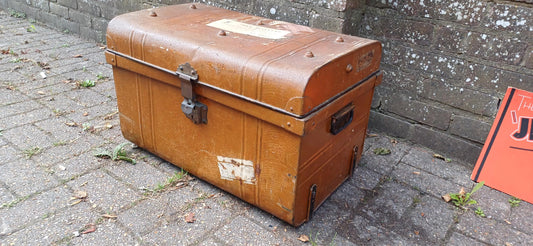 Vintage Victorian Industrial Metal Travel Trunk Storage Chest, Riveted Construction & Original Hardware –Quirky Coffee Table 'Jesters' Epson
