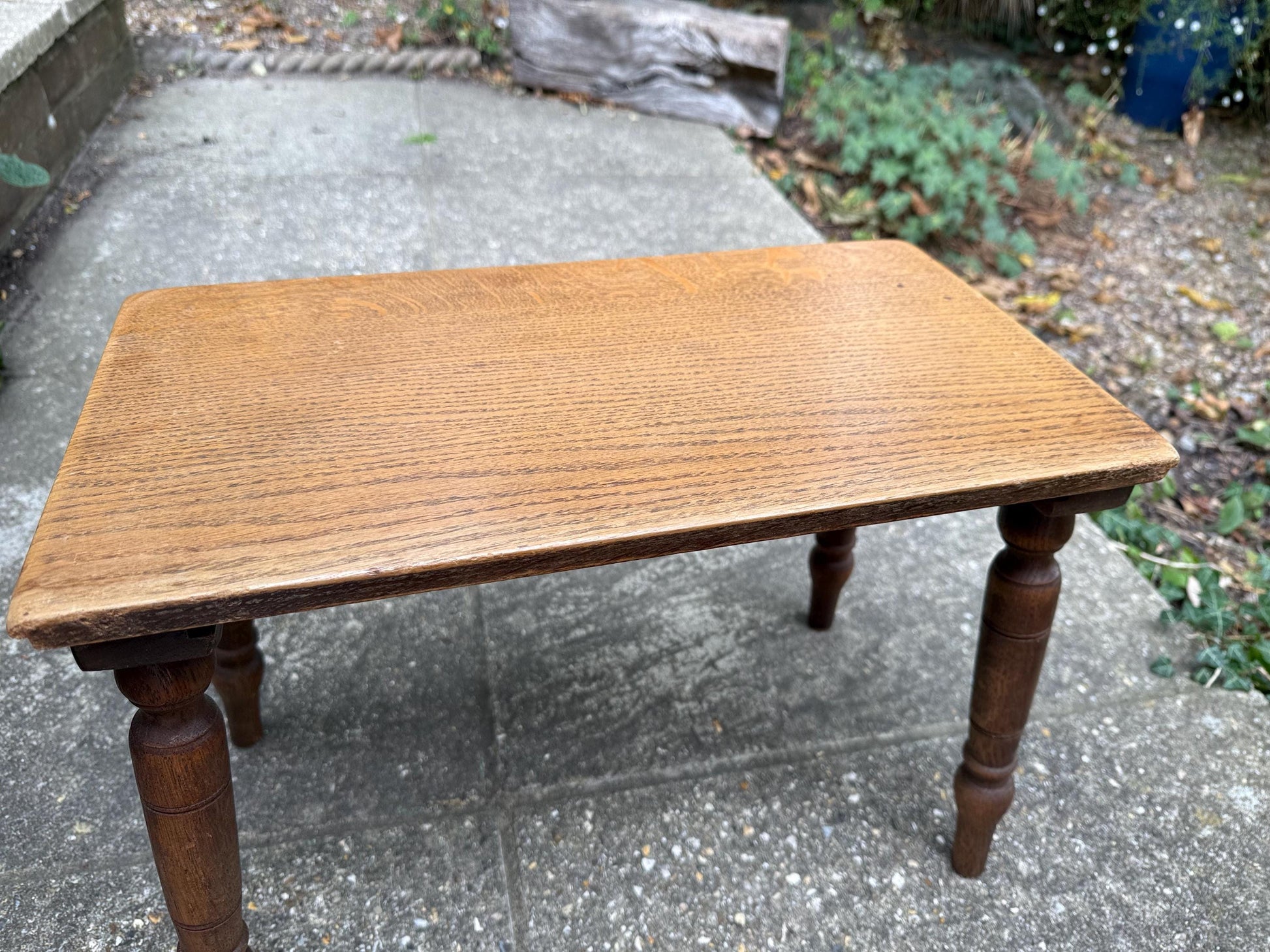 Mid-century vintage solid oak table, traditional style with turned legs, sanded top, farmhouse cottage occasional side table, small table