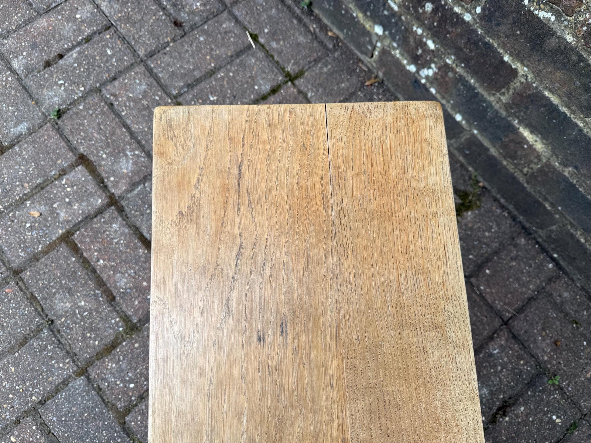Mid-century vintage solid oak table, traditional style with turned legs, sanded top, farmhouse cottage occasional side table, small table