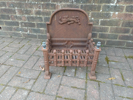 Antique Cast Iron Fire Grate 19th Century Fireplace Insert Rustic Iron Fire Basket with Lion Motif Vintage Hearth Decor FREE HAND Delivery