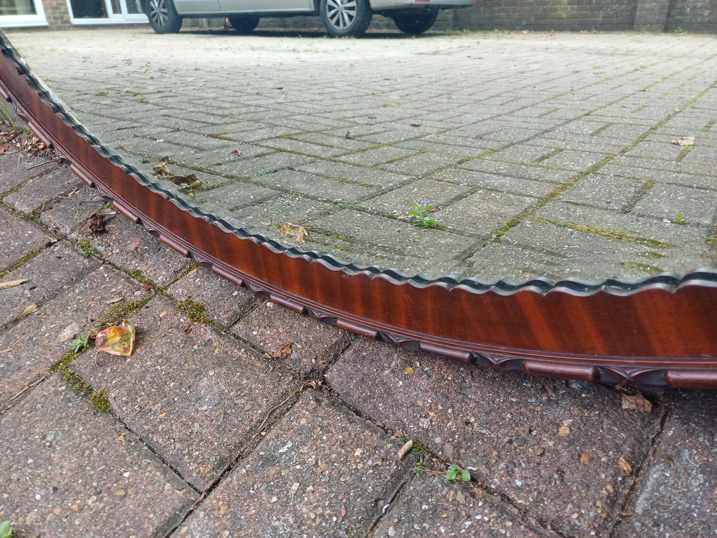 Massive Antique Oval Wall Mirror with Rich Mahogany Wood Frame & Scalloped Design Vintage Statement Mirror 97 x 68 cm FREE HAND Delivery