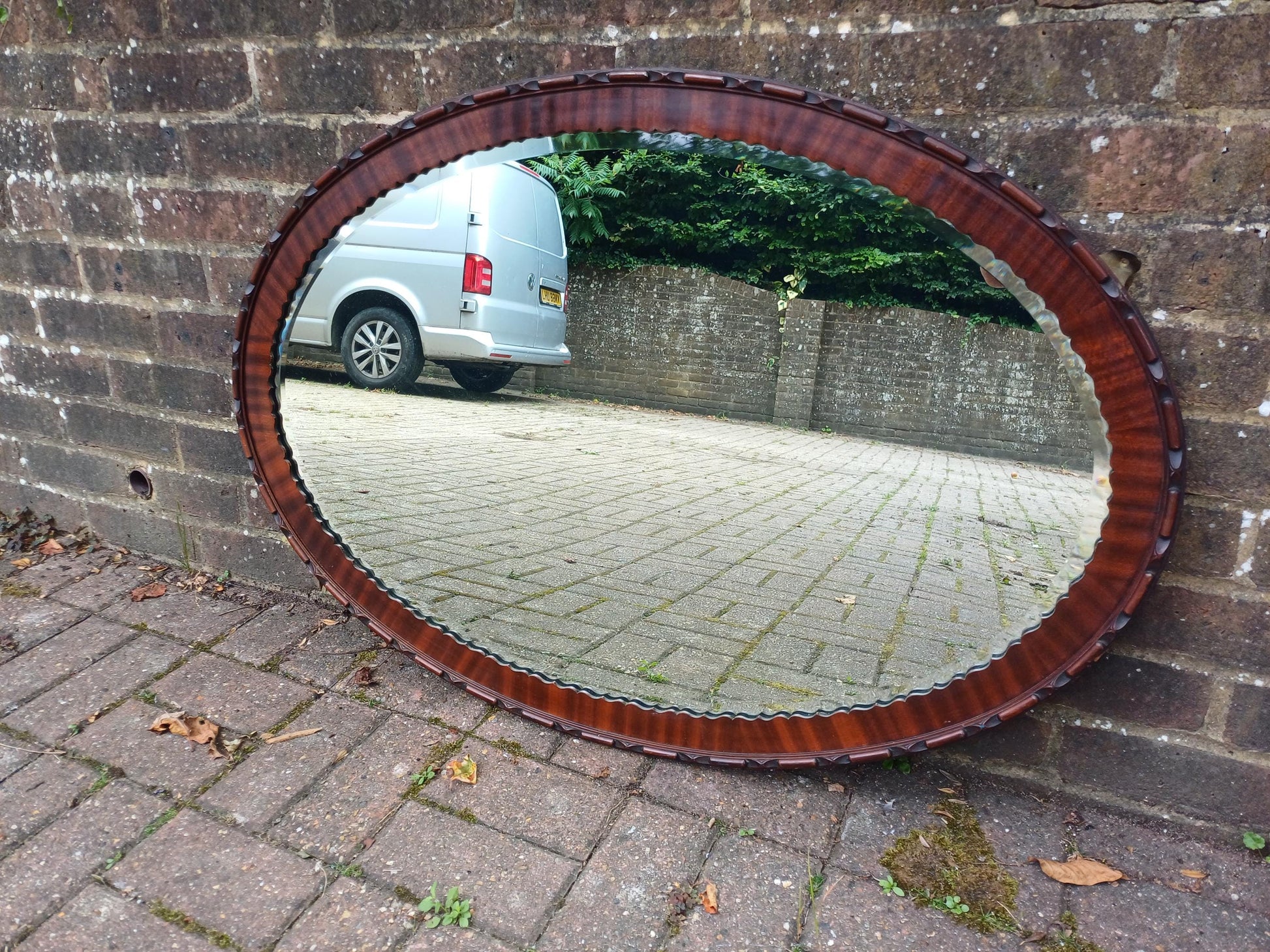 Massive Antique Oval Wall Mirror with Rich Mahogany Wood Frame & Scalloped Design Vintage Statement Mirror 97 x 68 cm FREE HAND Delivery