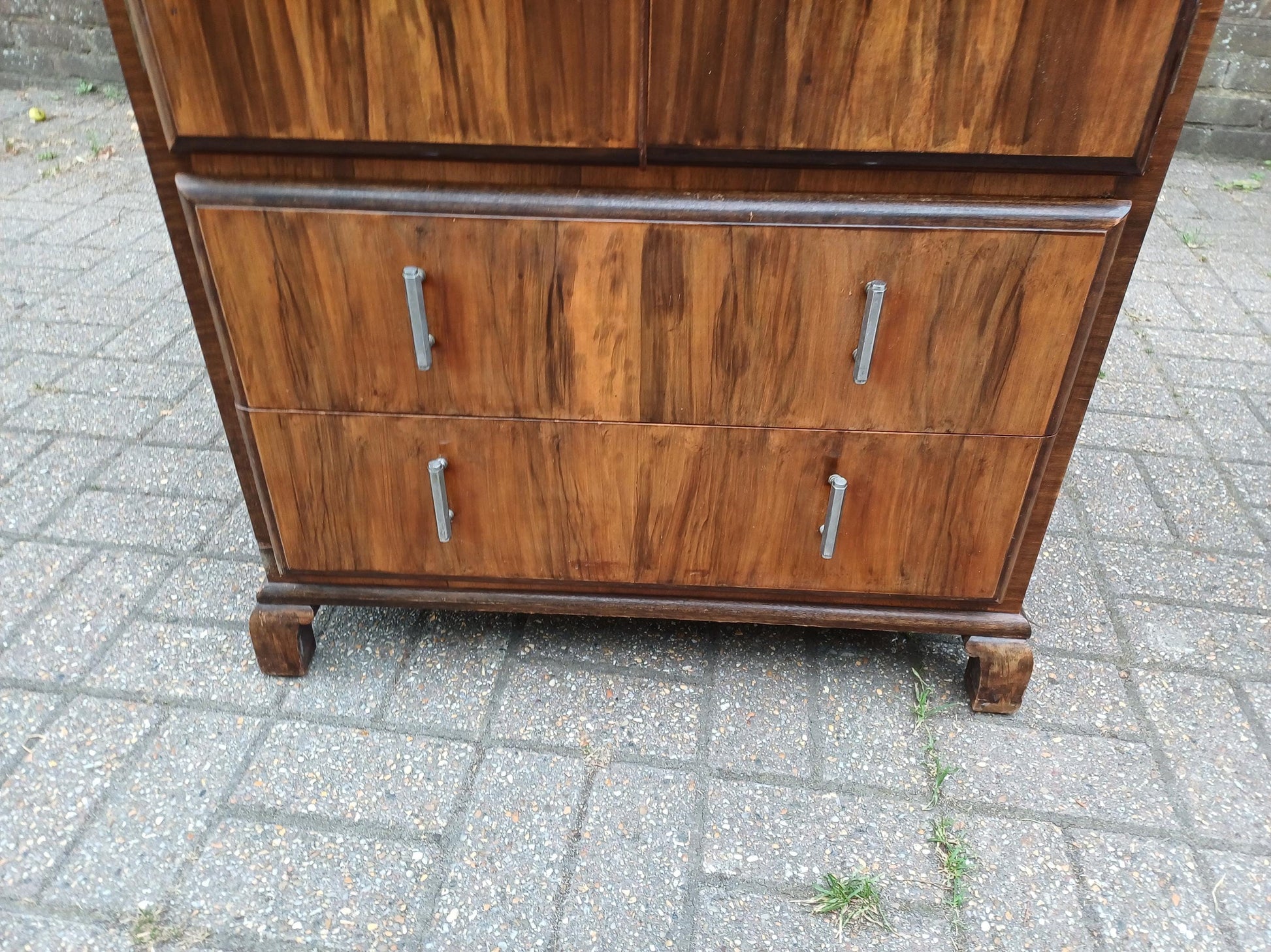 Art Deco 1930s Walnut Veneer Tallboy Retro Vintage Bedroom Cabinet Chest of Drawers Clothes Cupboard Chrome Handles FREE HAND Delivery