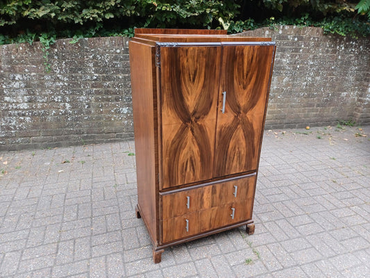 Art Deco 1930s Walnut Veneer Tallboy Retro Vintage Bedroom Cabinet Chest of Drawers Clothes Cupboard Chrome Handles FREE HAND Delivery