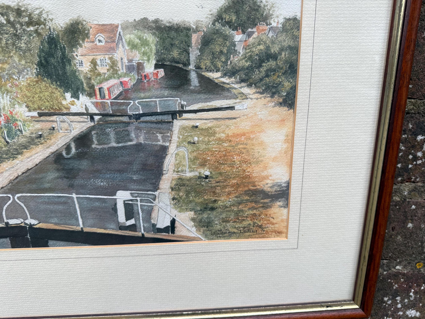 Framed Canal Lock Watercolour by Thelma Dudley, Signed 1996, English Cottage Scene with Narrowboats, Traditional Landscape Art