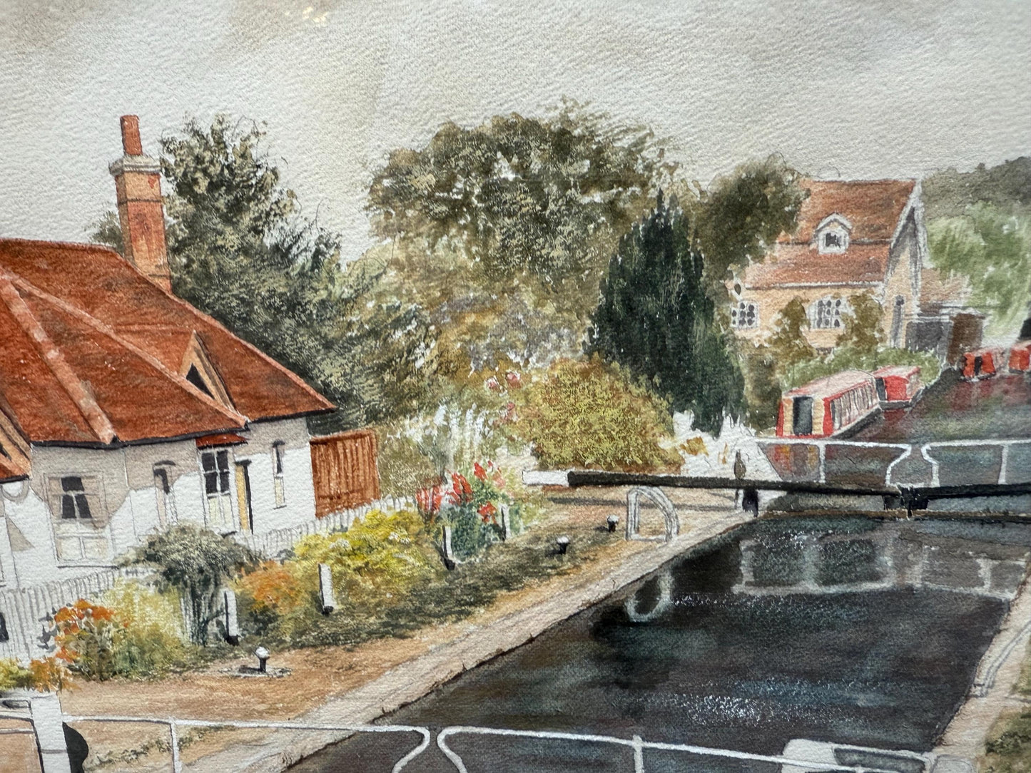 Framed Canal Lock Watercolour by Thelma Dudley, Signed 1996, English Cottage Scene with Narrowboats, Traditional Landscape Art